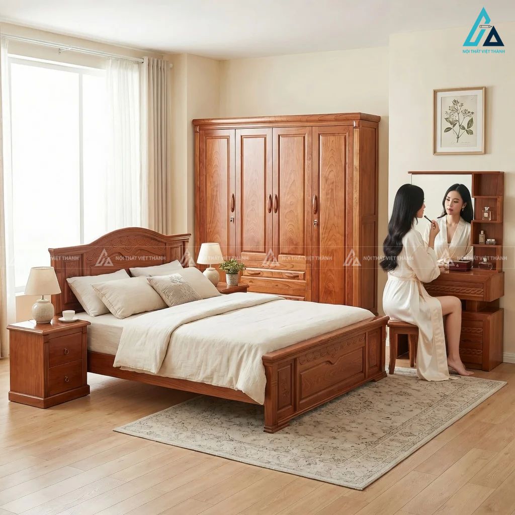 Combo giường ngủ tủ bàn trang điểm gỗ tự nhiên cao cấp