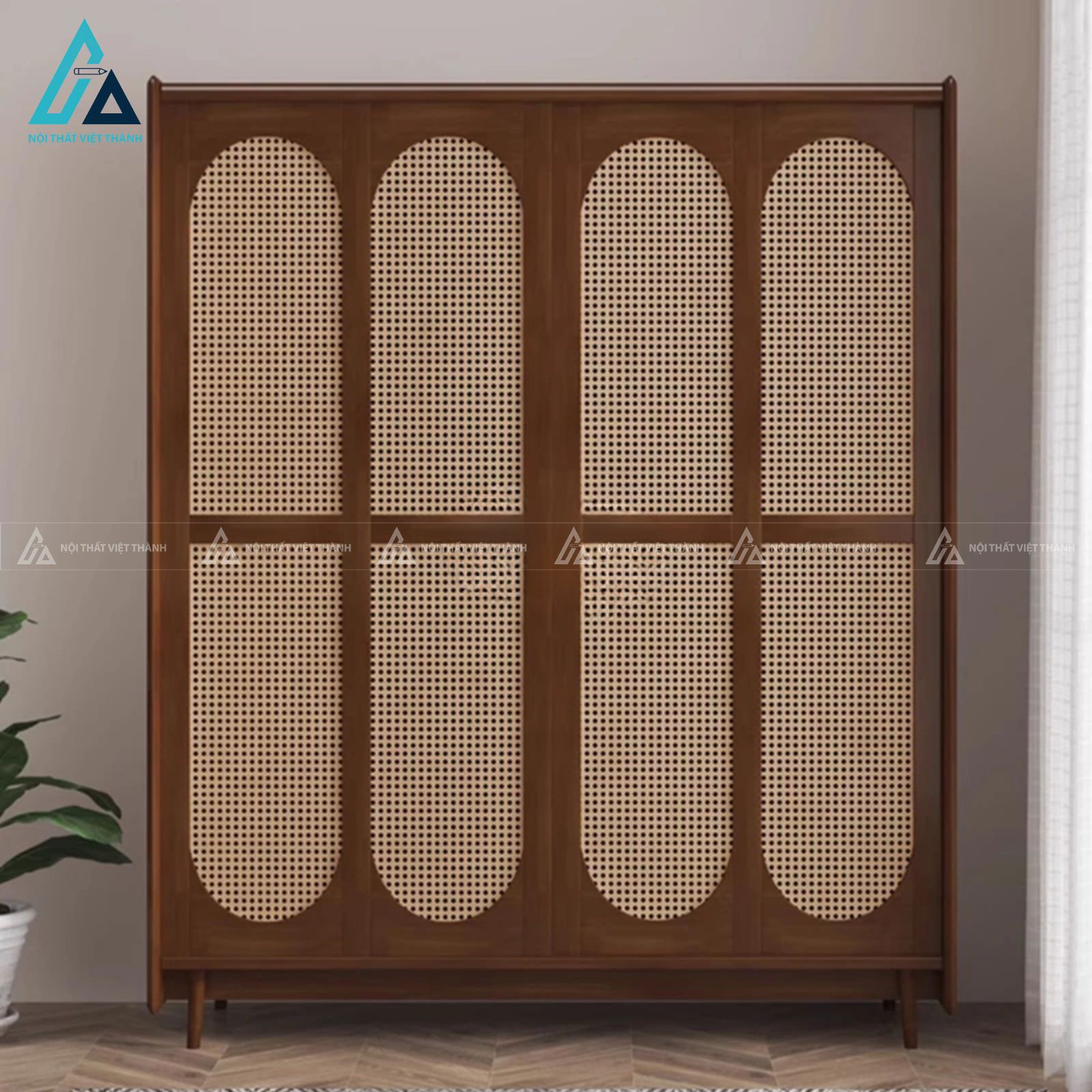 Combo phòng ngủ gỗ tự nhiên phối cánh tủ mây đan phong cách 4
