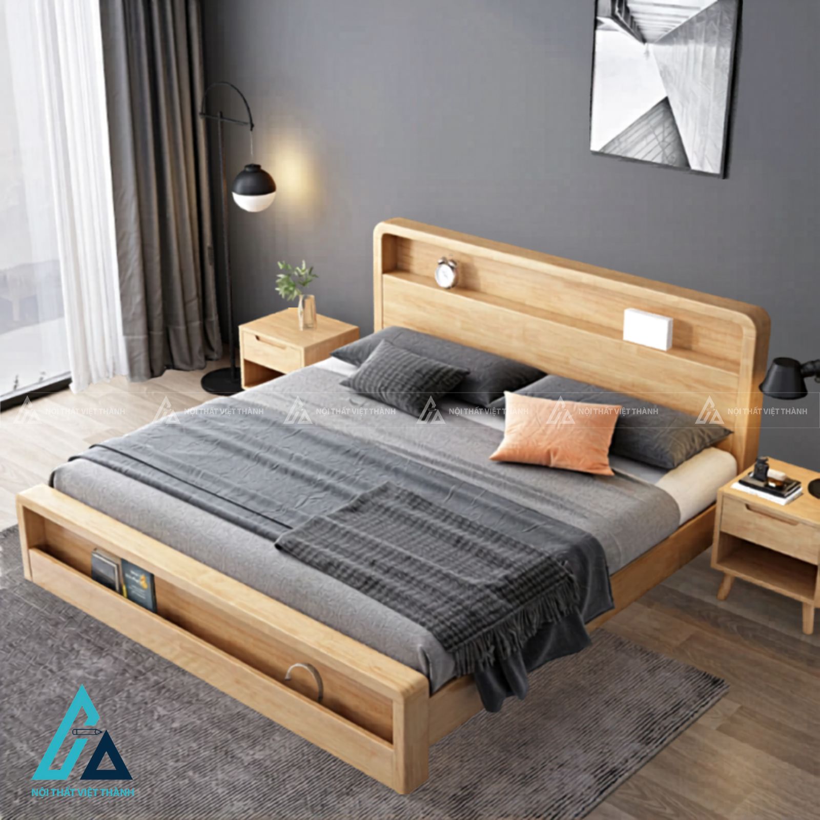 Combo giường ngủ gỗ tự nhiên có ngăn kéo và bàn trang điểm nhỏ gọn 4