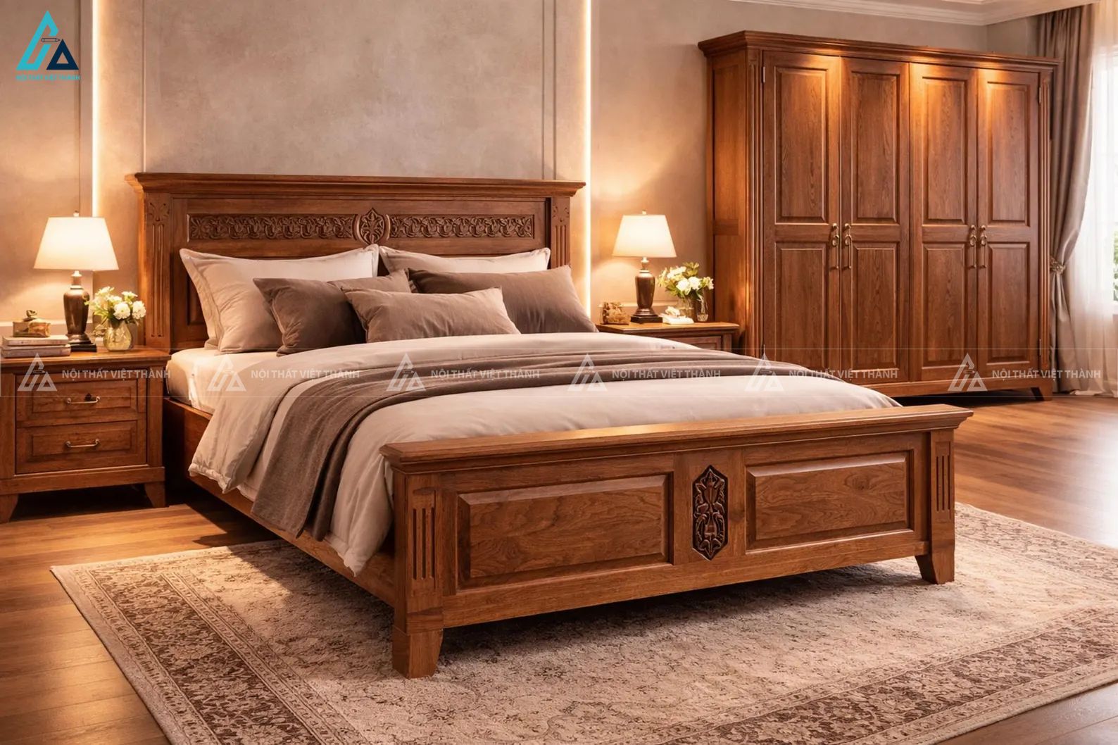 Combo giường ngủ khung gỗ chân cao và tủ quần áo tiện nghi 3