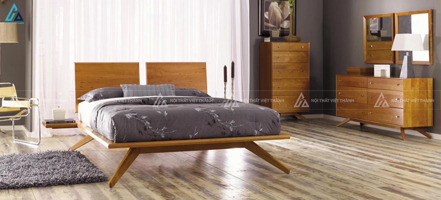 Bộ giường tủ gỗ tự nhiên chân chéo sang trọng cho phòng ngủ