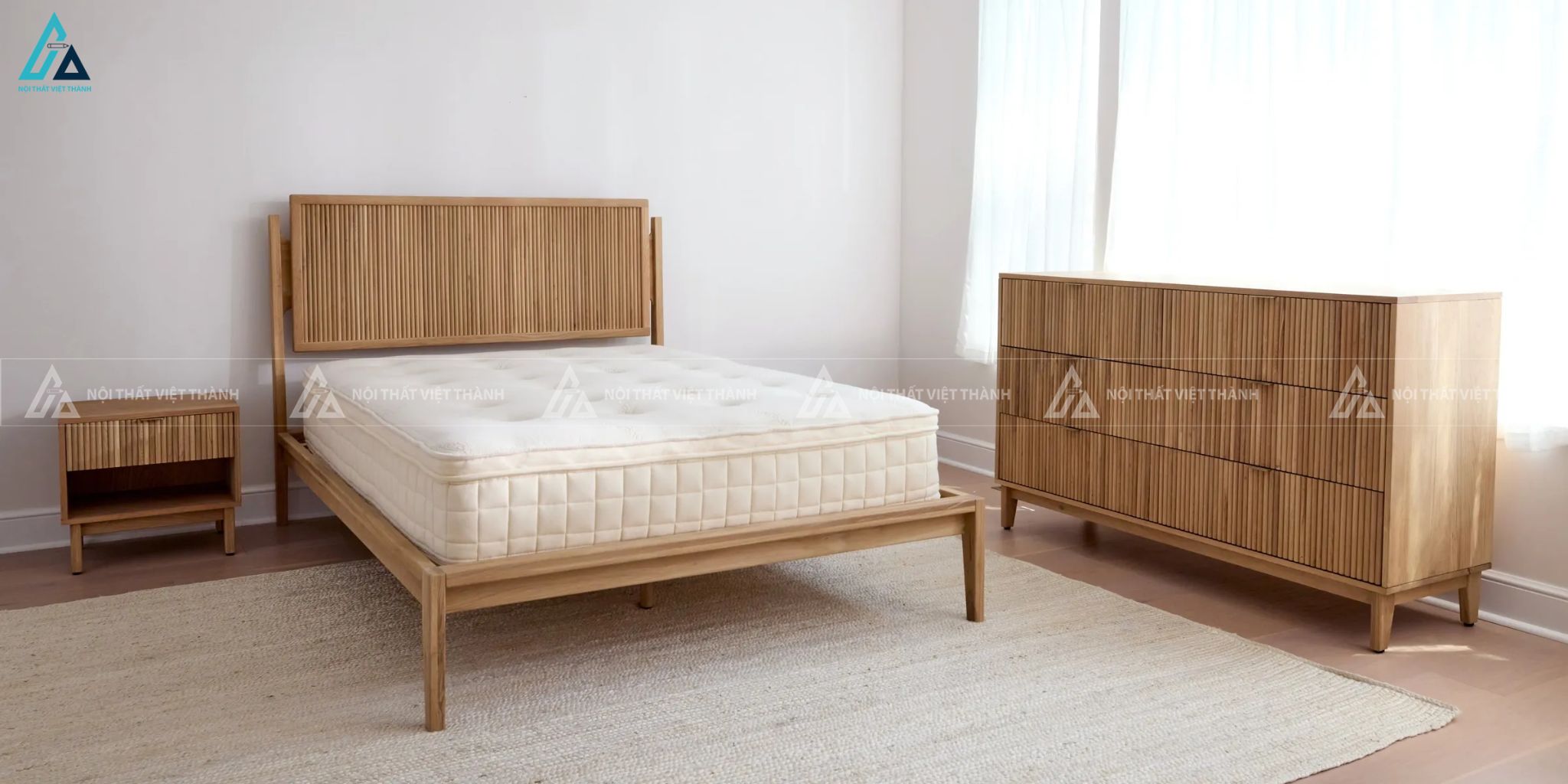 Bộ giường tủ nan dọc gỗ tự nhiên cho phòng ngủ hiện đại