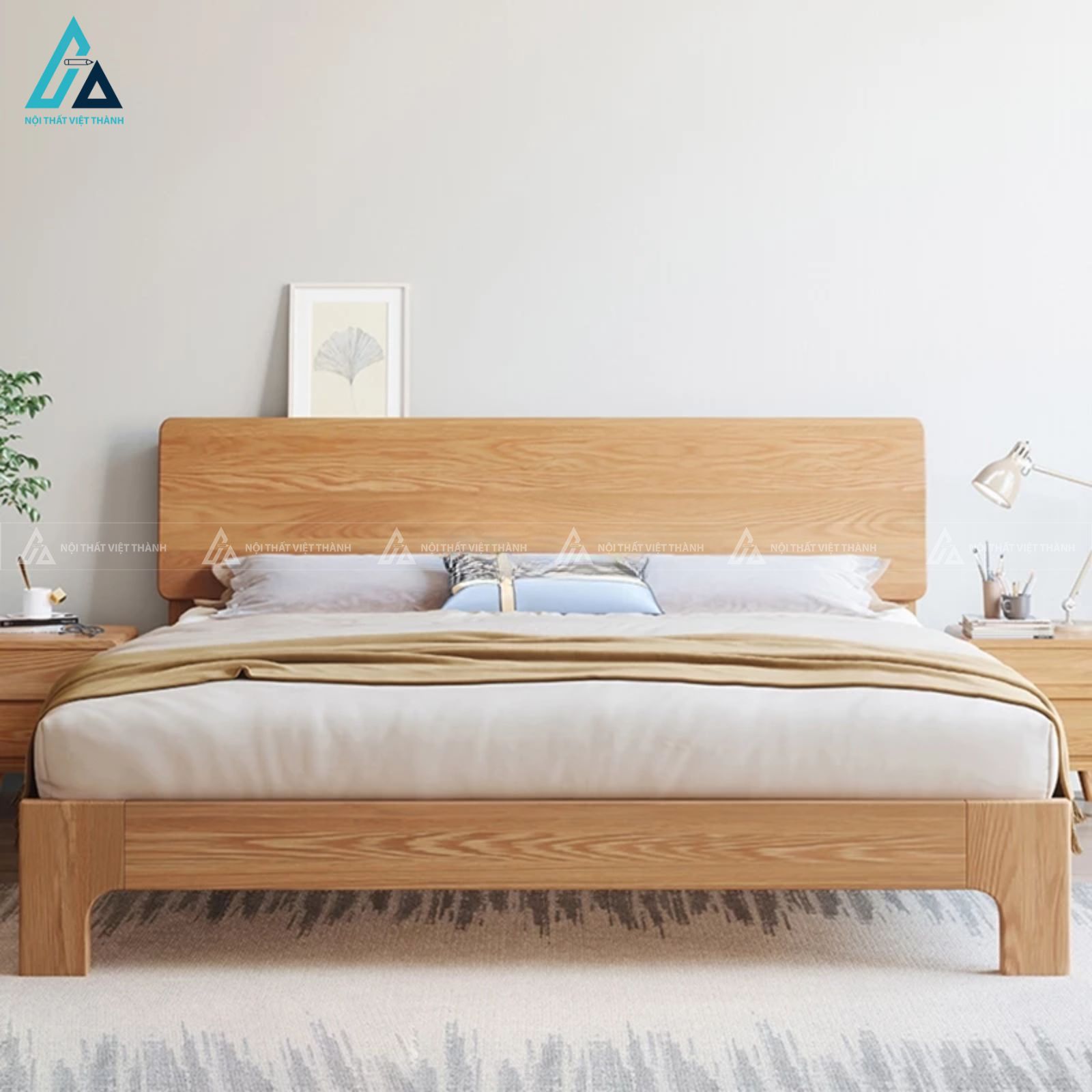 Combo phòng ngủ gỗ tự nhiên chân thấp và bàn trang điểm gương tròn 4