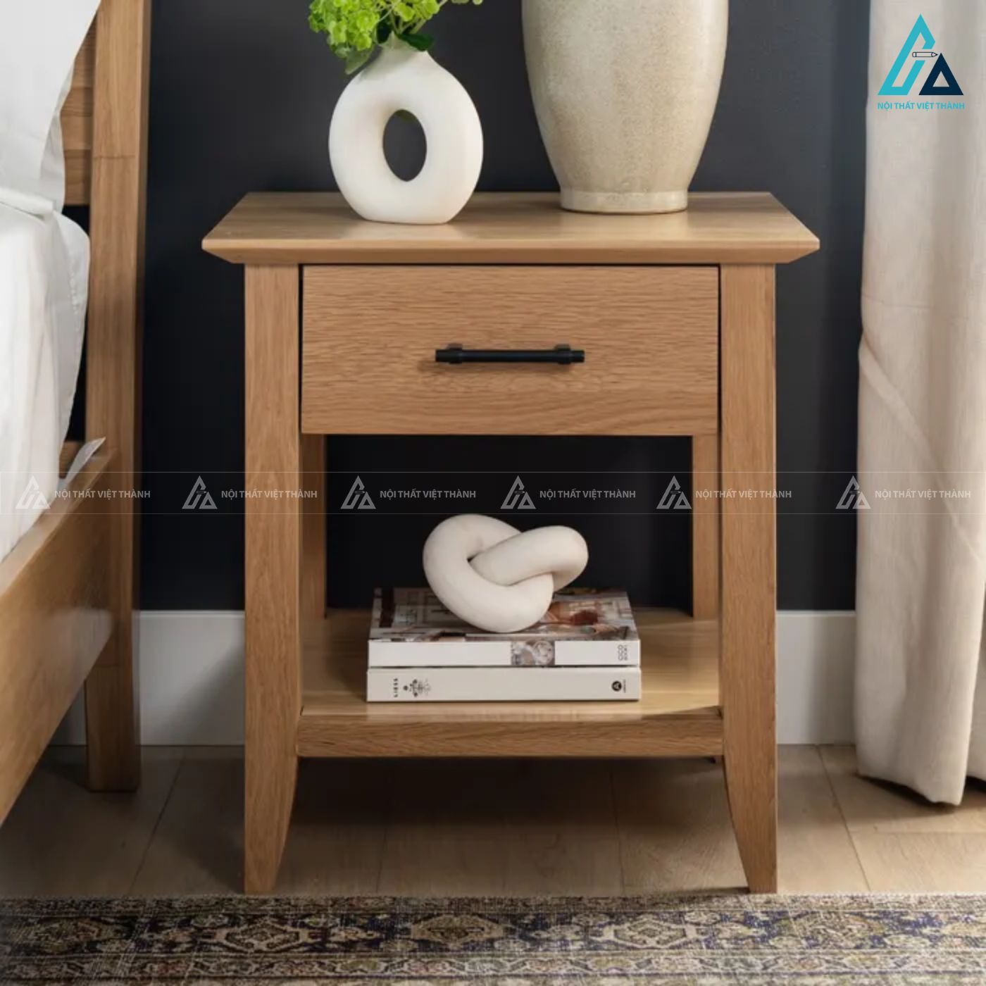 Combo giường ngủ khung gỗ tự nhiên chân cao tinh tế hiện đại 4