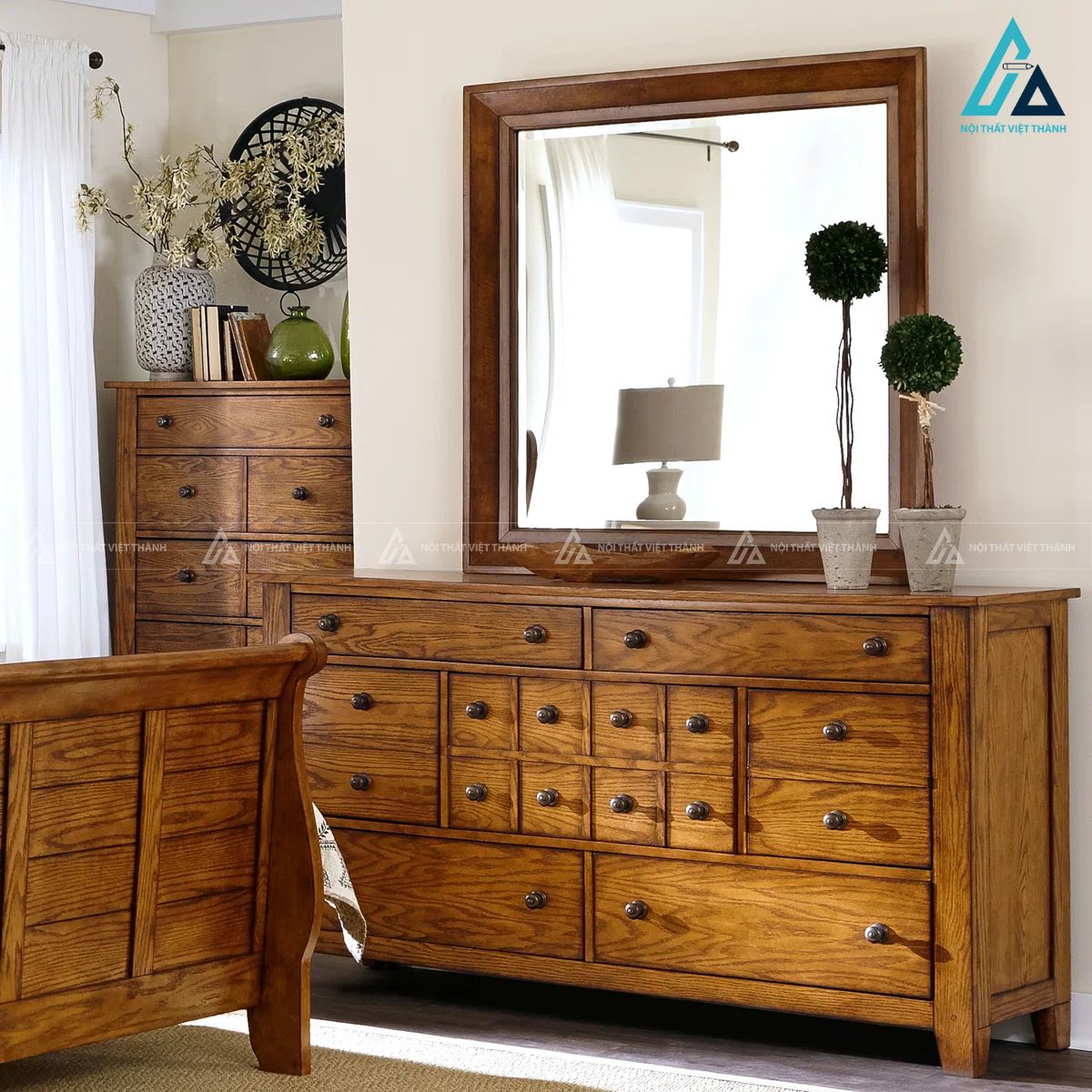 Combo giường ngủ thiết kế dáng thuyền pano gỗ tự nhiên ấm áp 4