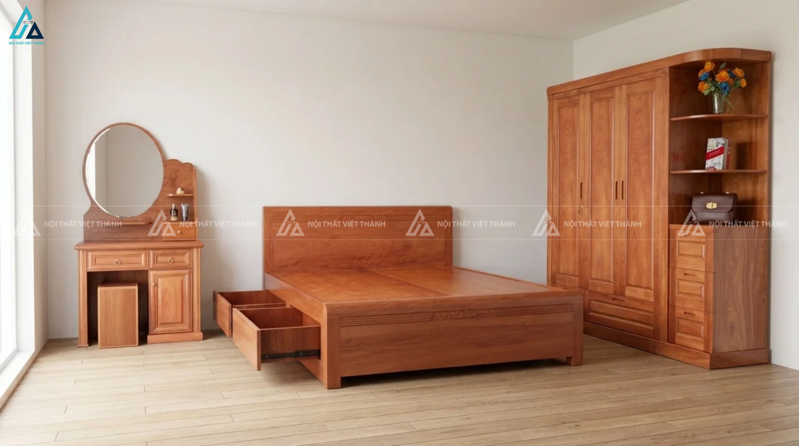 Combo giường hộc kéo và tủ kệ bàn phấn gỗ tự nhiên hiện đại 4