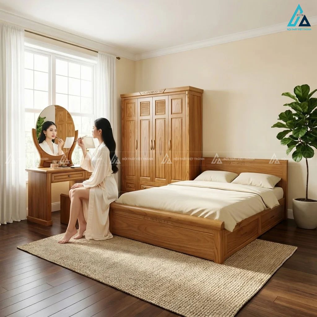Combo giường ngủ ngăn kéo và tủ áo bàn phấn gỗ tự nhiên