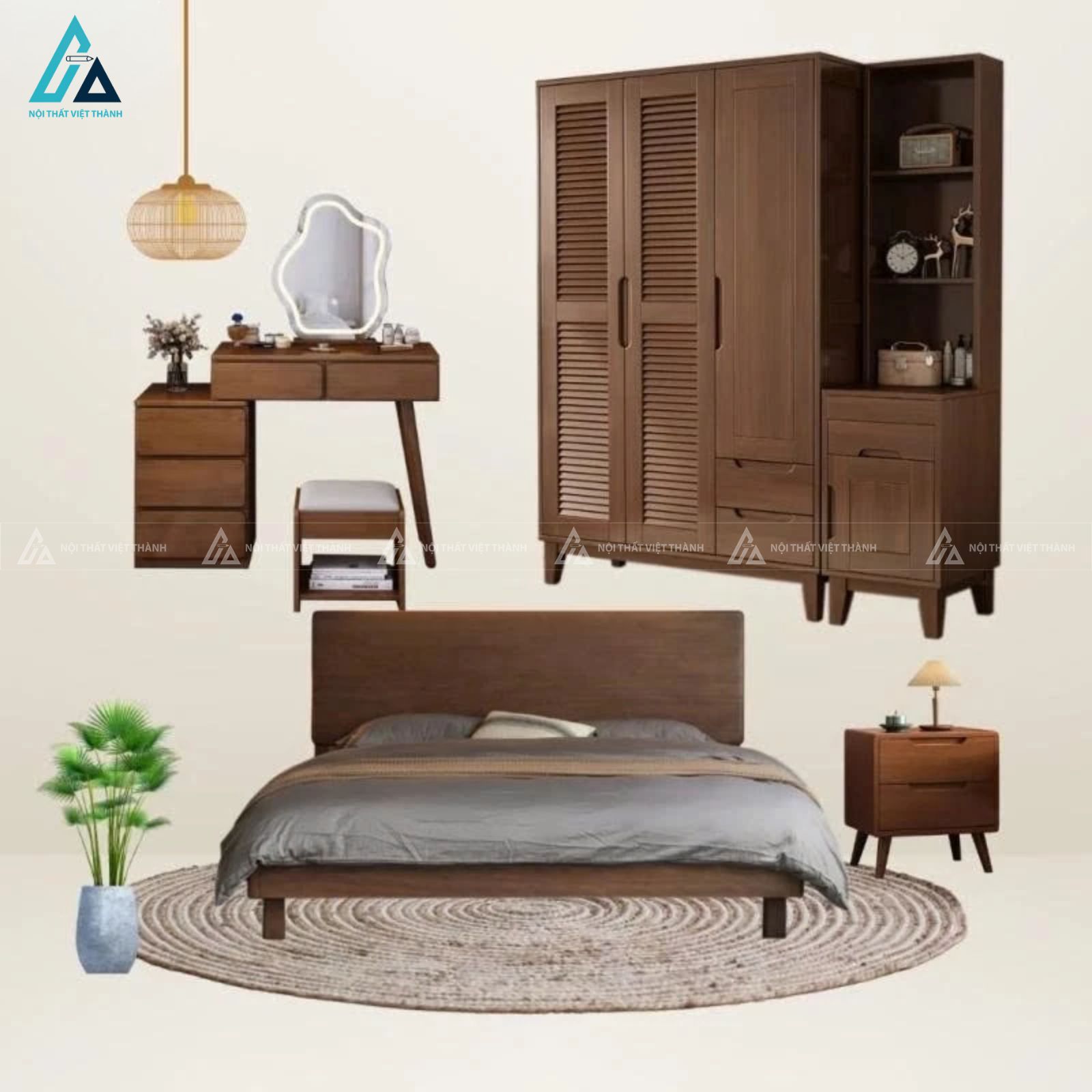 Combo giường ngủ kết hợp tủ áo và bàn phấn gương đèn led