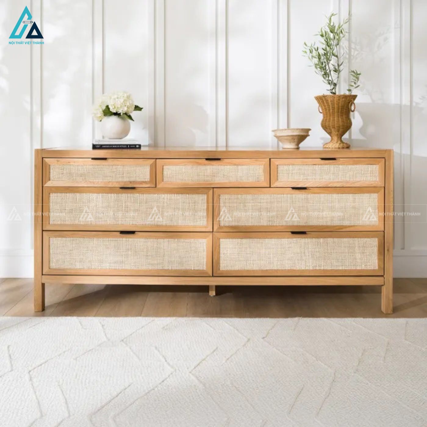 Combo giường ngủ gỗ tự nhiên phối mây đan mắt cáo cao cấp 4