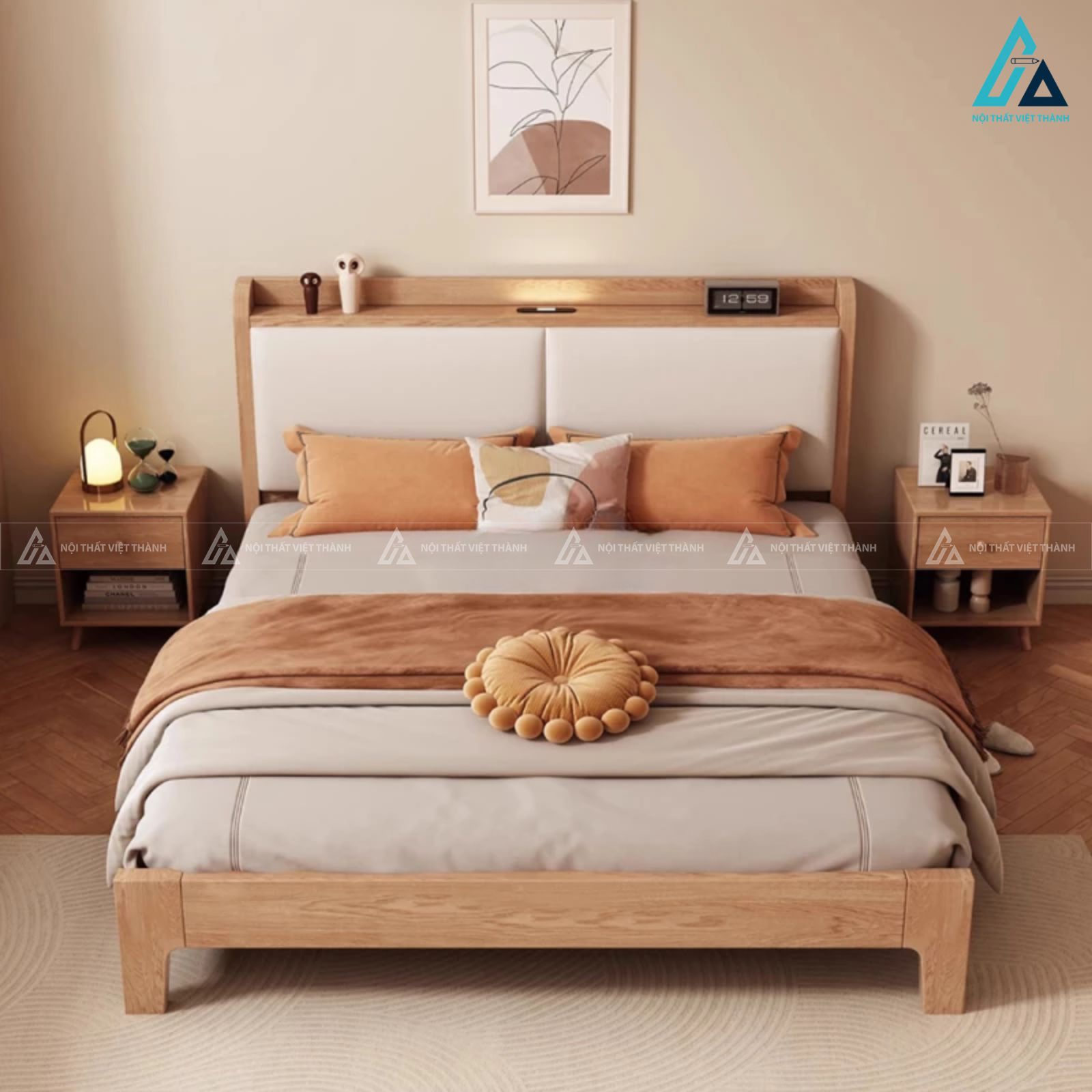 Combo giường ngủ gỗ tự nhiên đầu giường bọc nệm và tủ quần áo rèm kéo 5