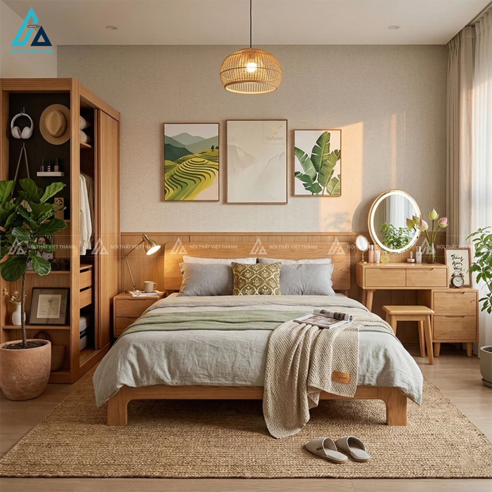 Combo phòng ngủ gỗ tự nhiên chân thấp và bàn trang điểm gương tròn