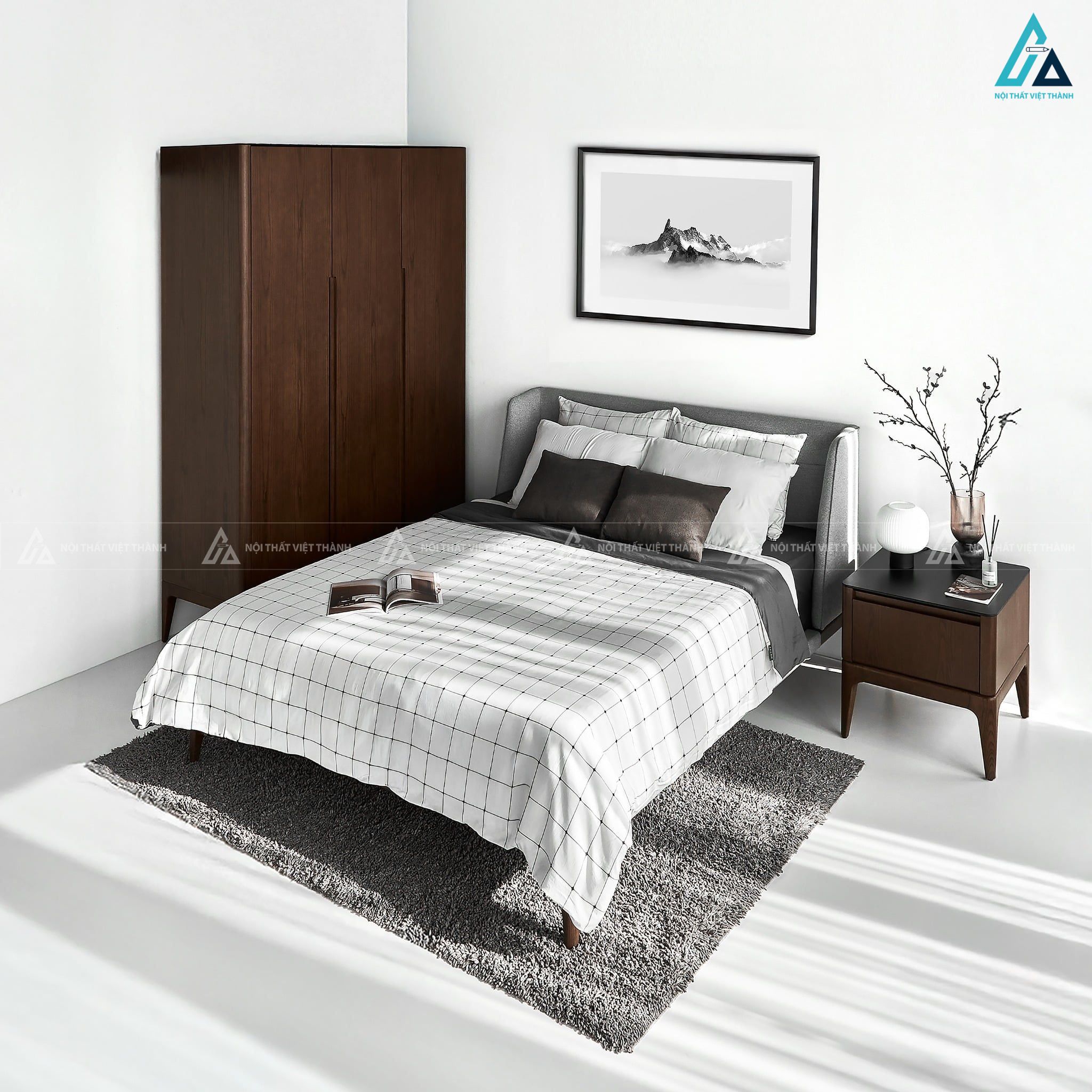 Combo phòng ngủ gỗ tự nhiên đầu giường cao bọc nệm tông trầm tối giản