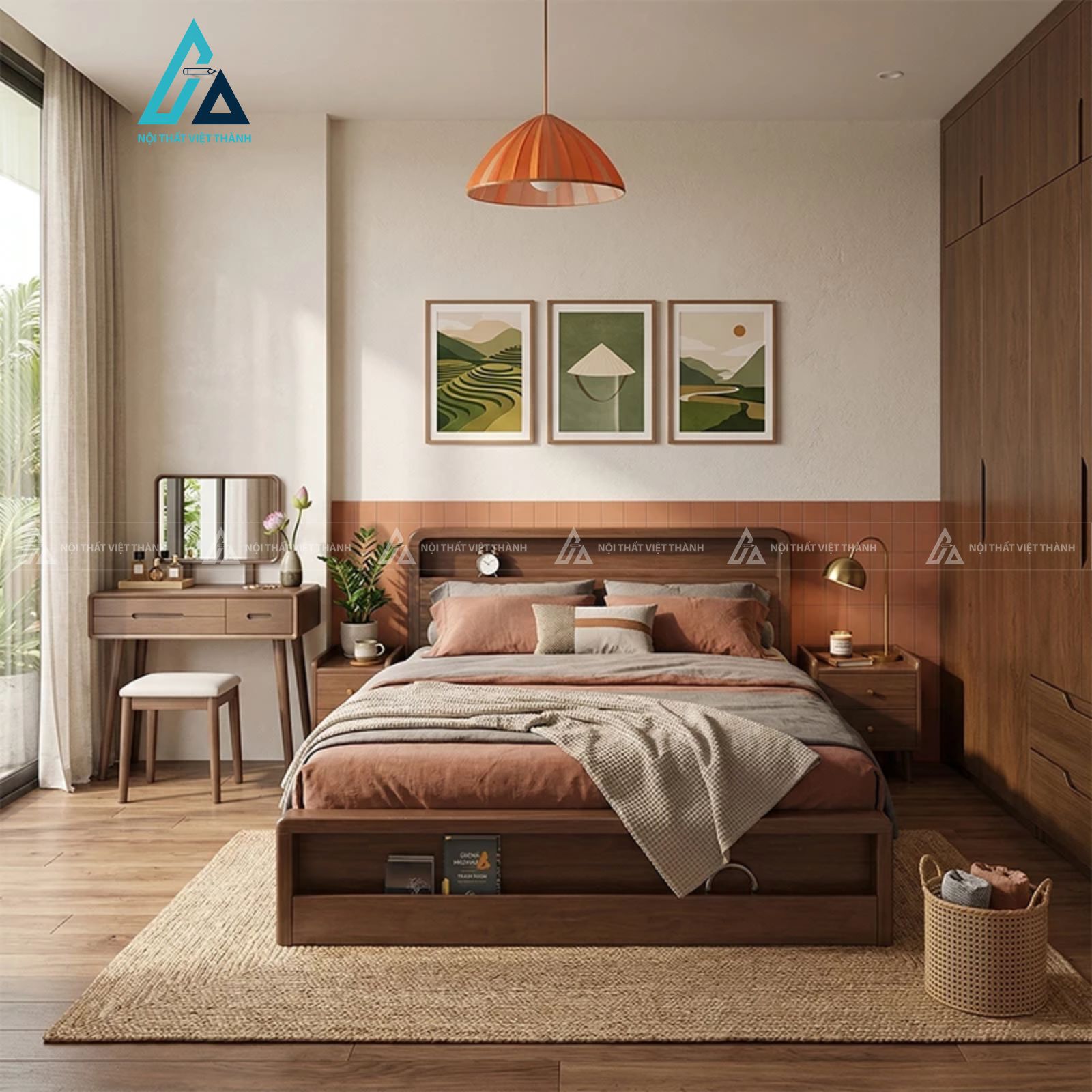 Combo giường ngủ gỗ tự nhiên có ngăn kéo và bàn trang điểm nhỏ gọn