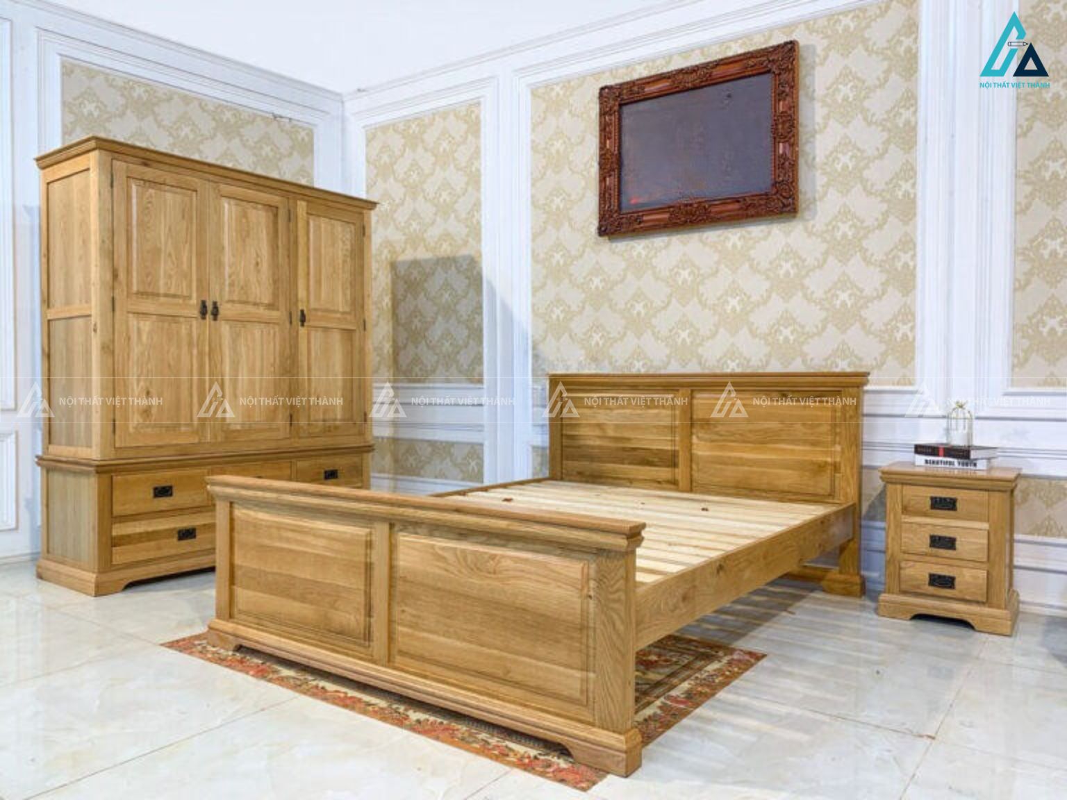 Combo giường ngủ pano và tủ quần áo ba cánh gỗ tự nhiên