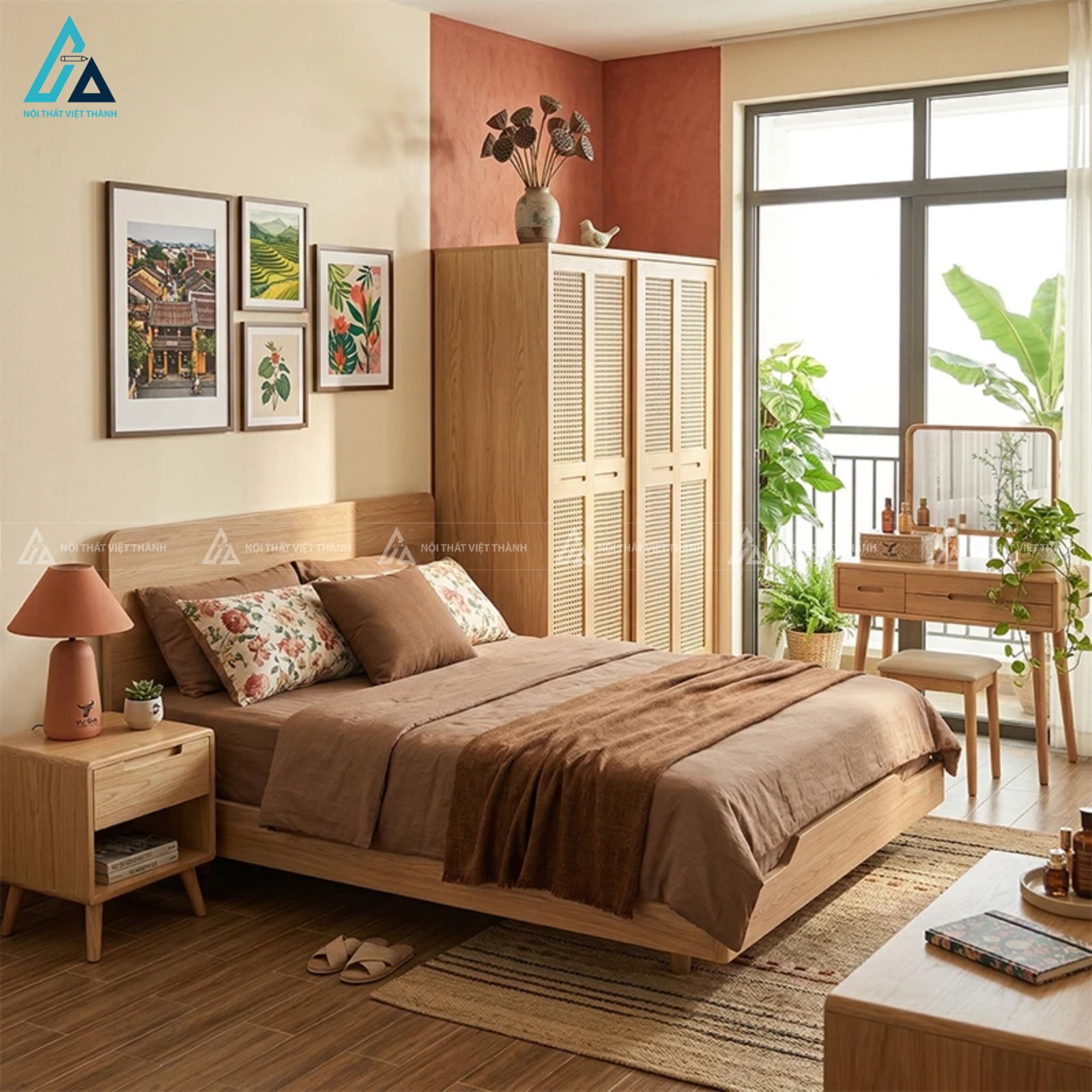 Combo giường ngủ chân thấp và tủ áo cánh mây tự nhiên hiện đại