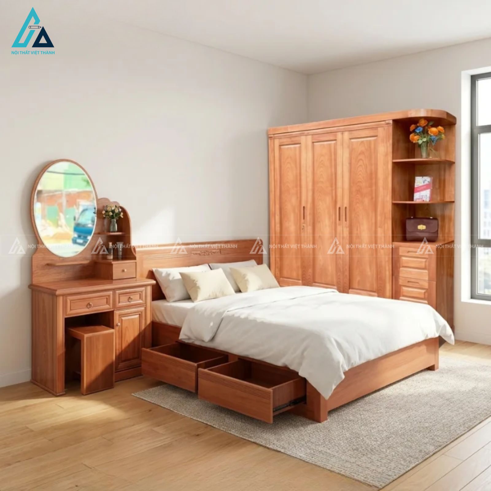 Combo giường hộc kéo và tủ kệ bàn phấn gỗ tự nhiên hiện đại