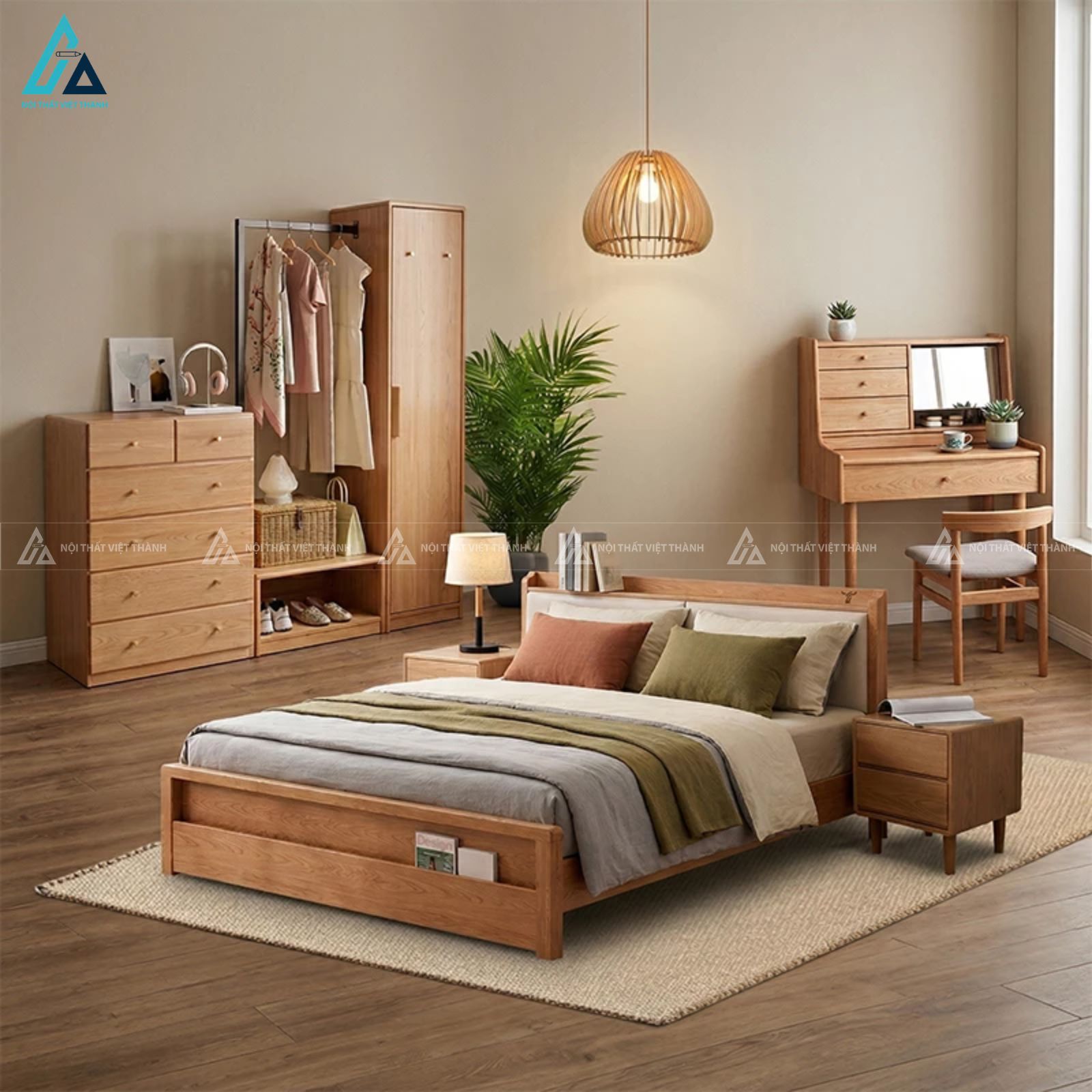 Combo giường ngủ gỗ đầu giường bọc nệm và tủ đồ đa năng tiện nghi