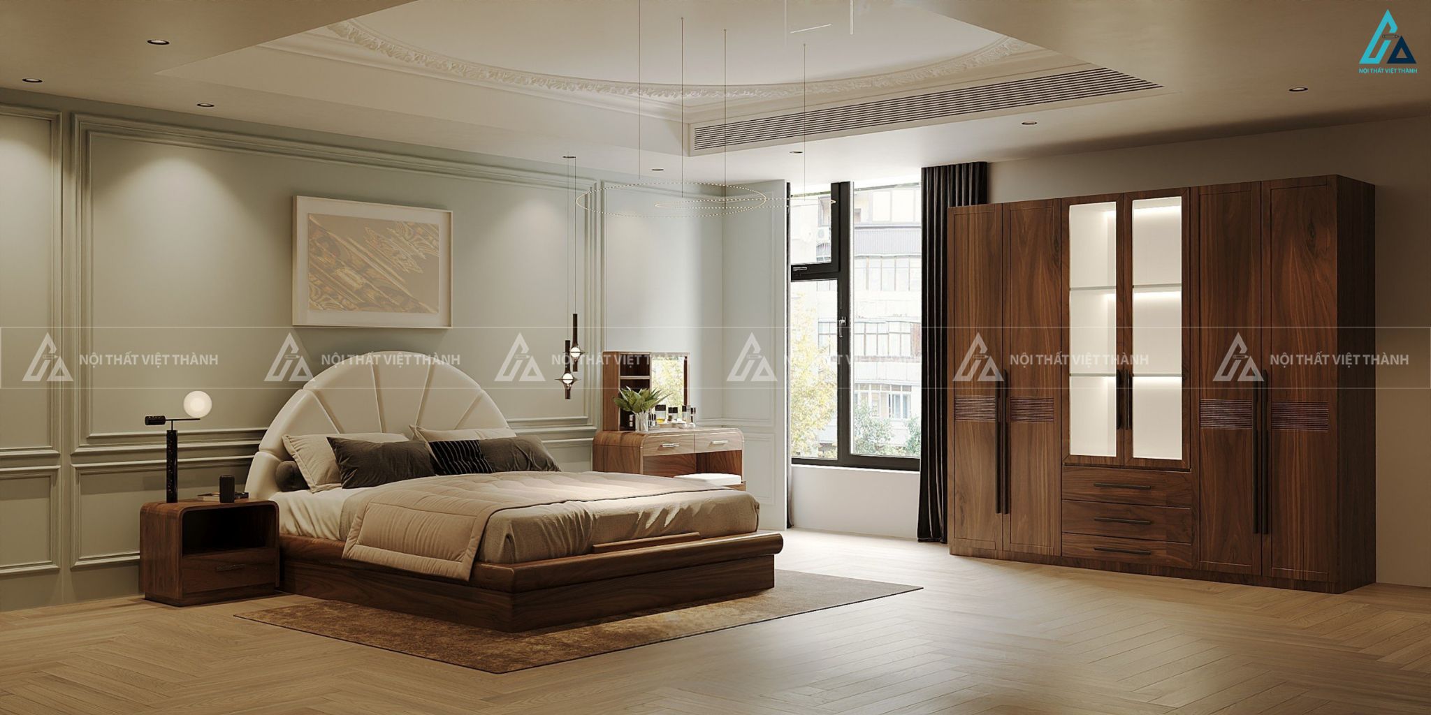 Bộ giường ngủ đầu giường hình vương miện kết hợp tủ áo cánh kính