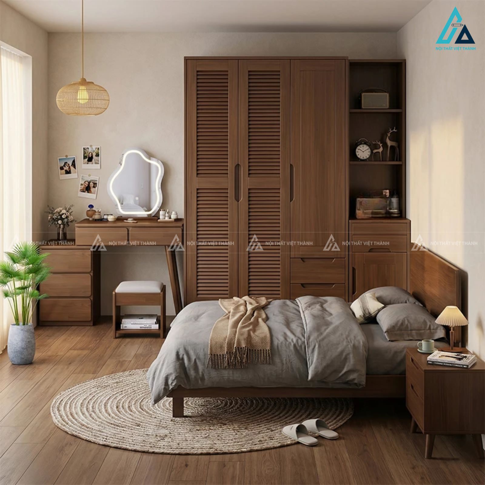 Combo phòng ngủ gỗ tự nhiên tủ quần áo và bàn trang điểm hiện đại
