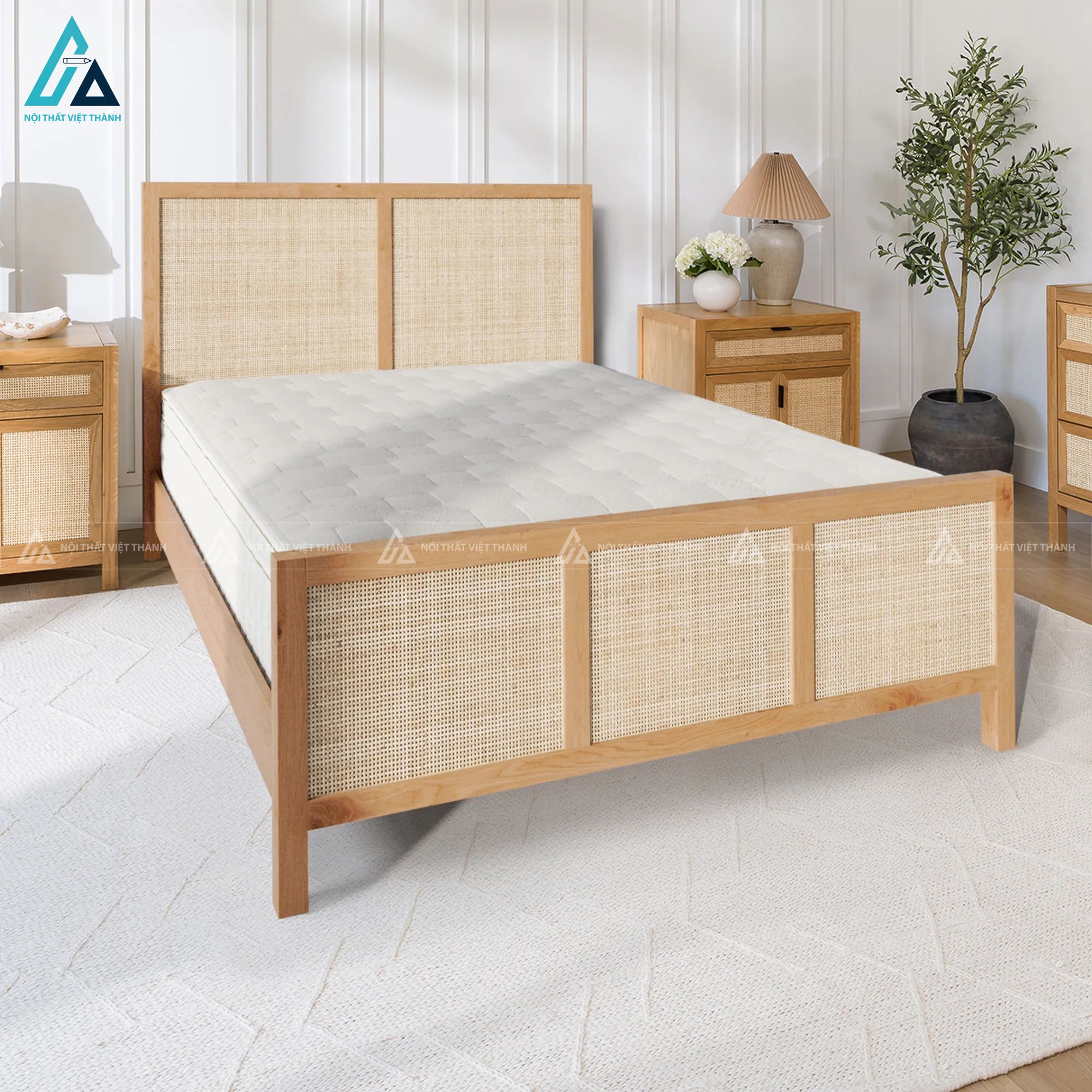 Combo giường ngủ gỗ tự nhiên phối mây đan mắt cáo cao cấp 5
