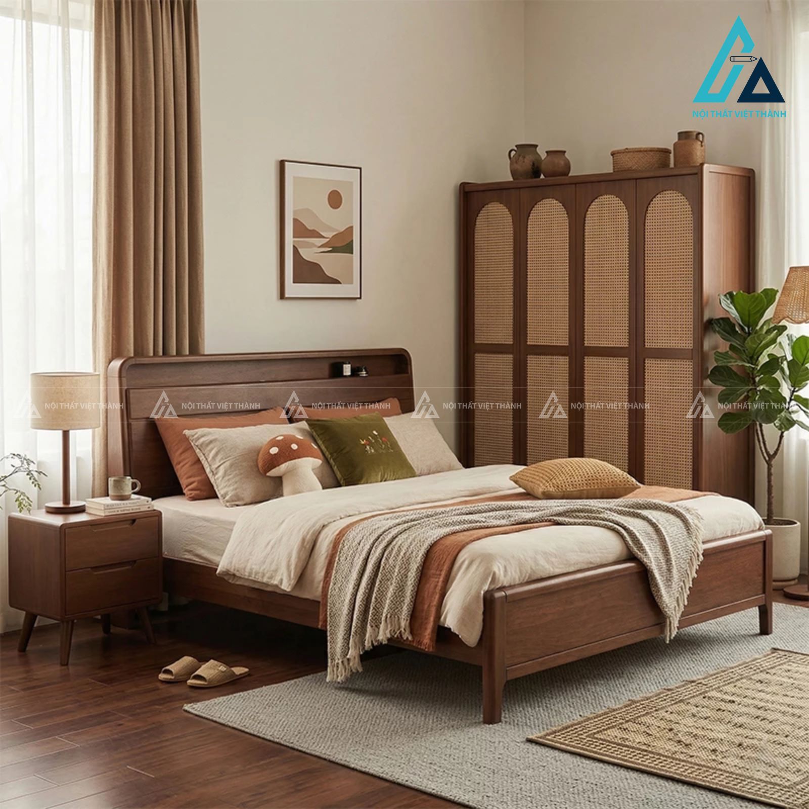 Combo phòng ngủ gỗ tự nhiên phối cánh tủ mây đan phong cách
