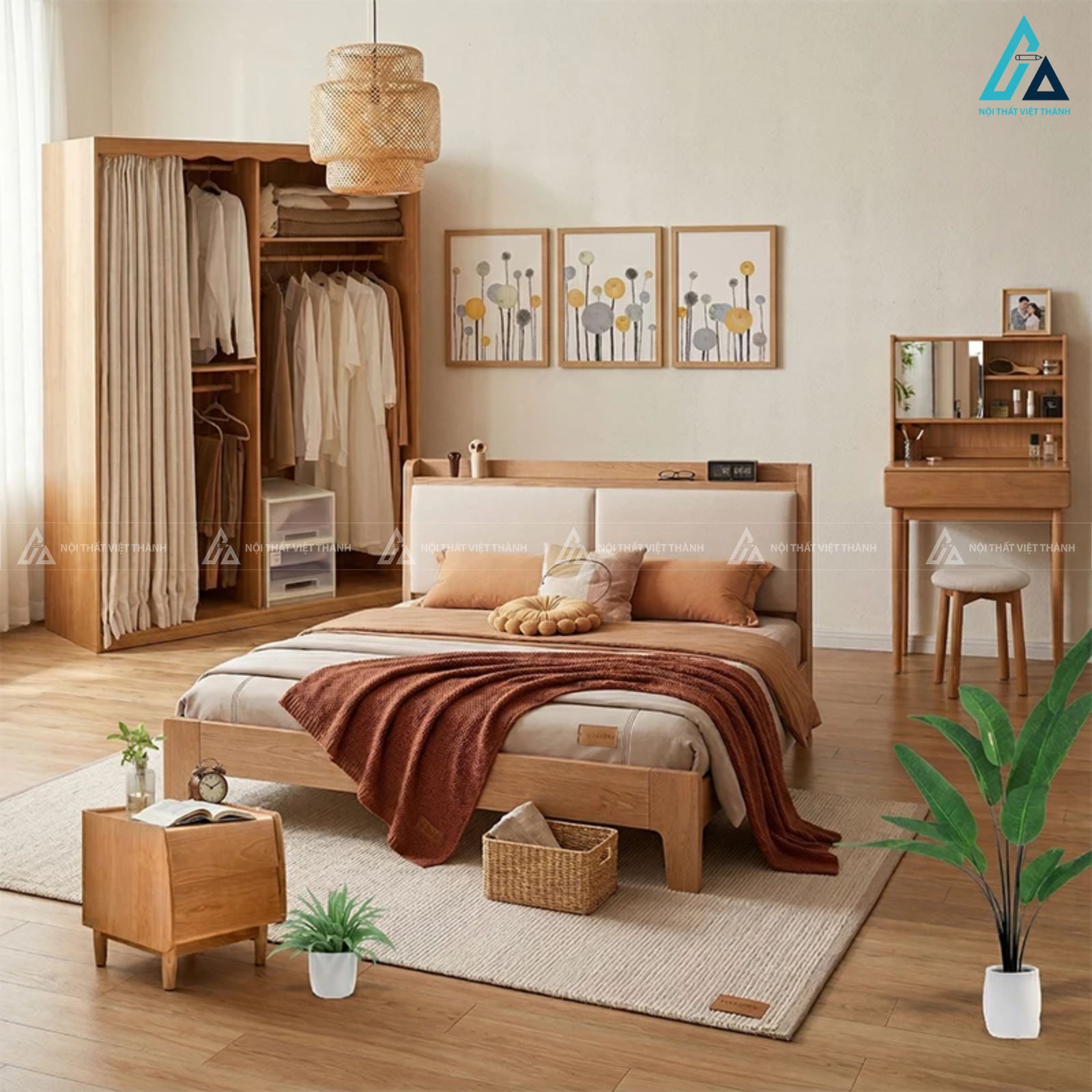 Combo giường ngủ gỗ tự nhiên đầu giường bọc nệm và tủ quần áo rèm kéo