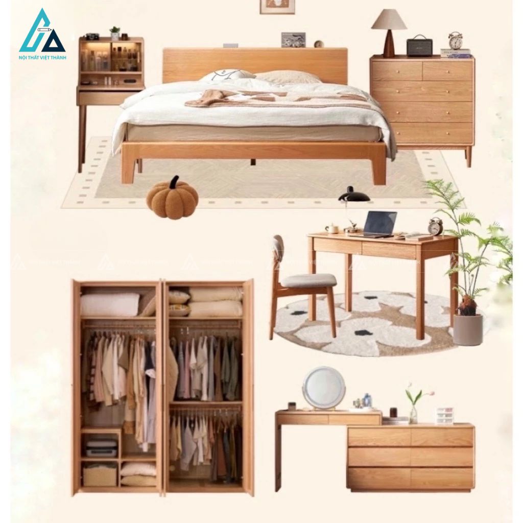 Bộ giường ngủ chân cao kết hợp bàn học và hệ tủ quần áo đa năng