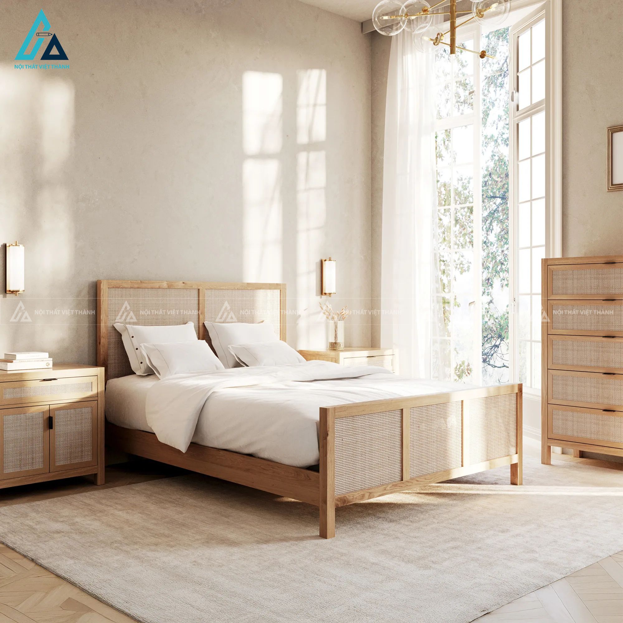 Combo giường ngủ gỗ tự nhiên phối mây đan mắt cáo cao cấp 6