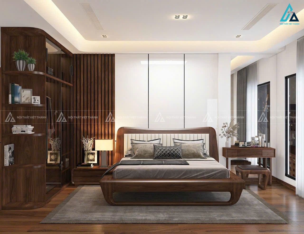 Bộ giường ngủ chân thuyền kết hợp tủ áo góc bo tròn và bàn phấn hiện đại