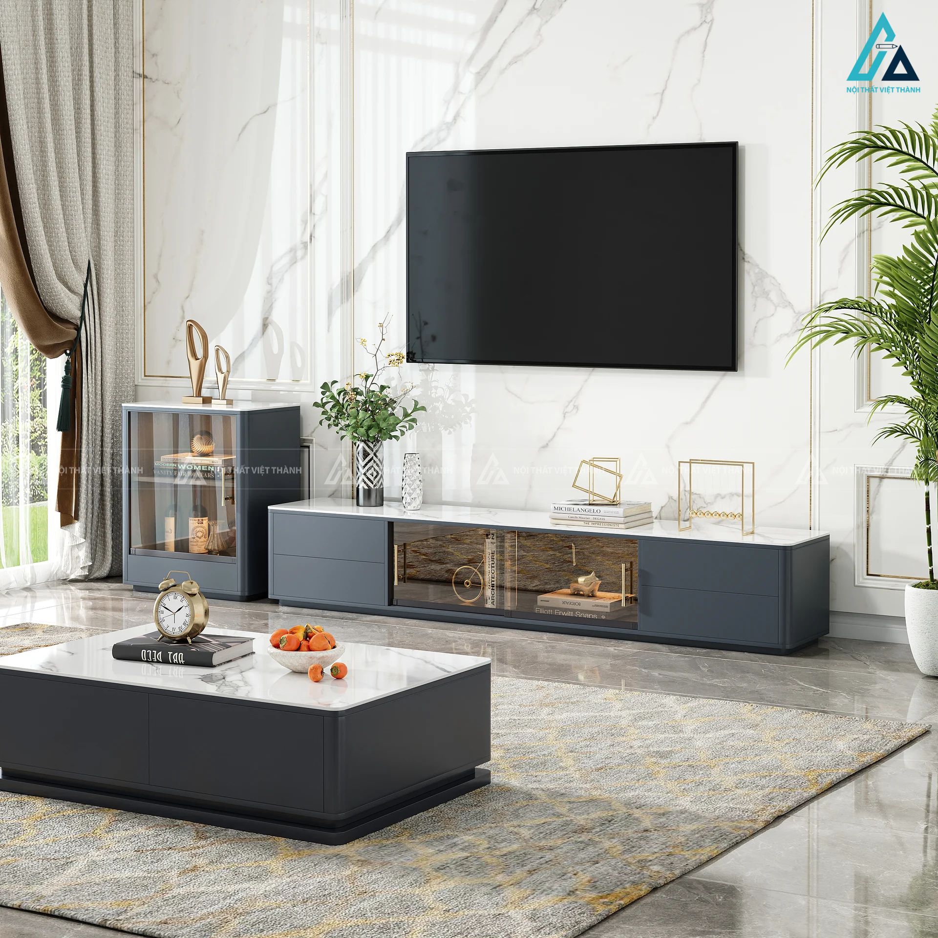 Kệ tivi gỗ mặt đá vân sang trọng kết hợp tủ kính tiện lợi 1
