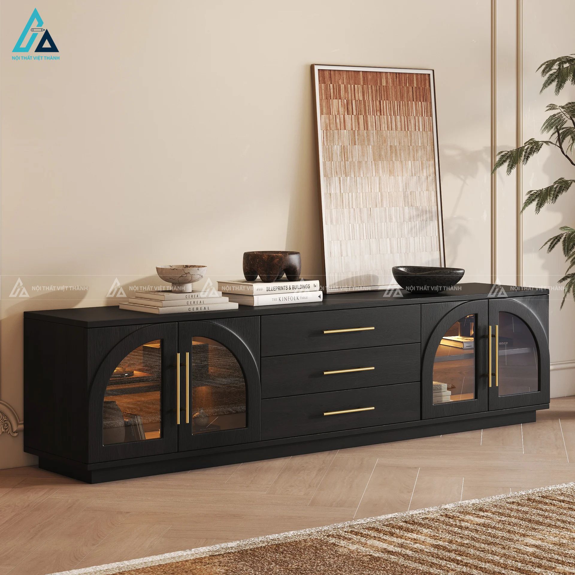 Kệ tivi gỗ thiết kế cửa kính vòm sang trọng cho phòng khách 1