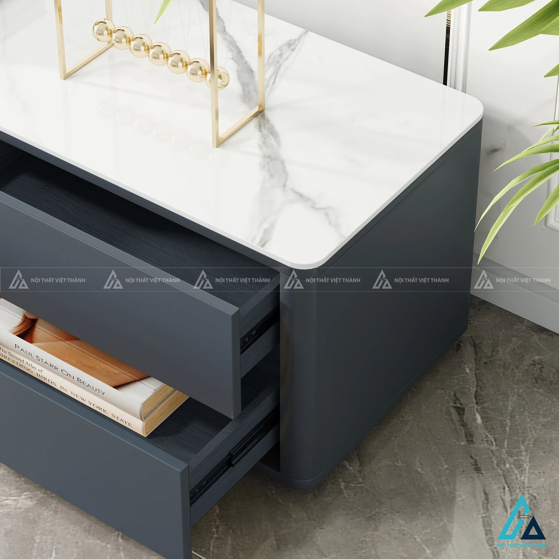 Kệ tivi gỗ mặt đá vân sang trọng kết hợp tủ kính tiện lợi 2