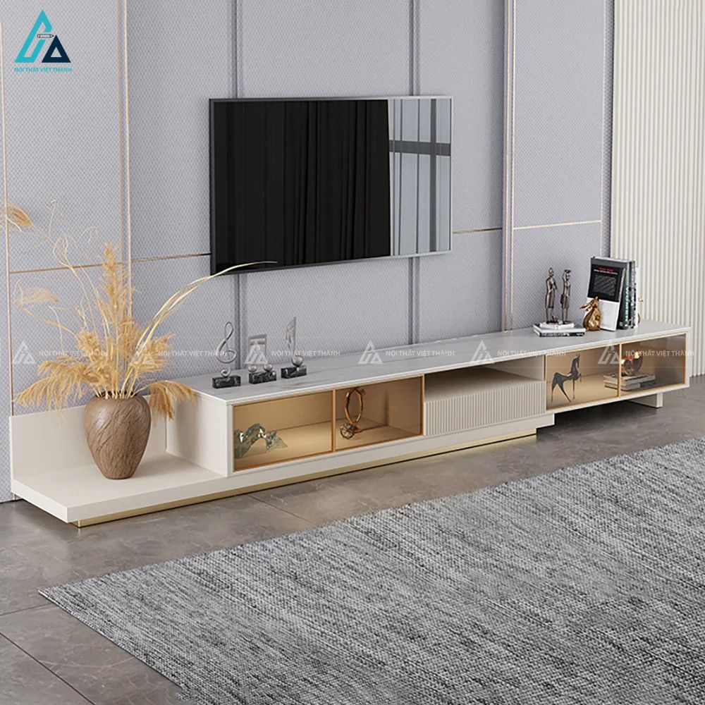 Kệ tivi gỗ công nghiệp thiết kế ngăn kính viền kim loại