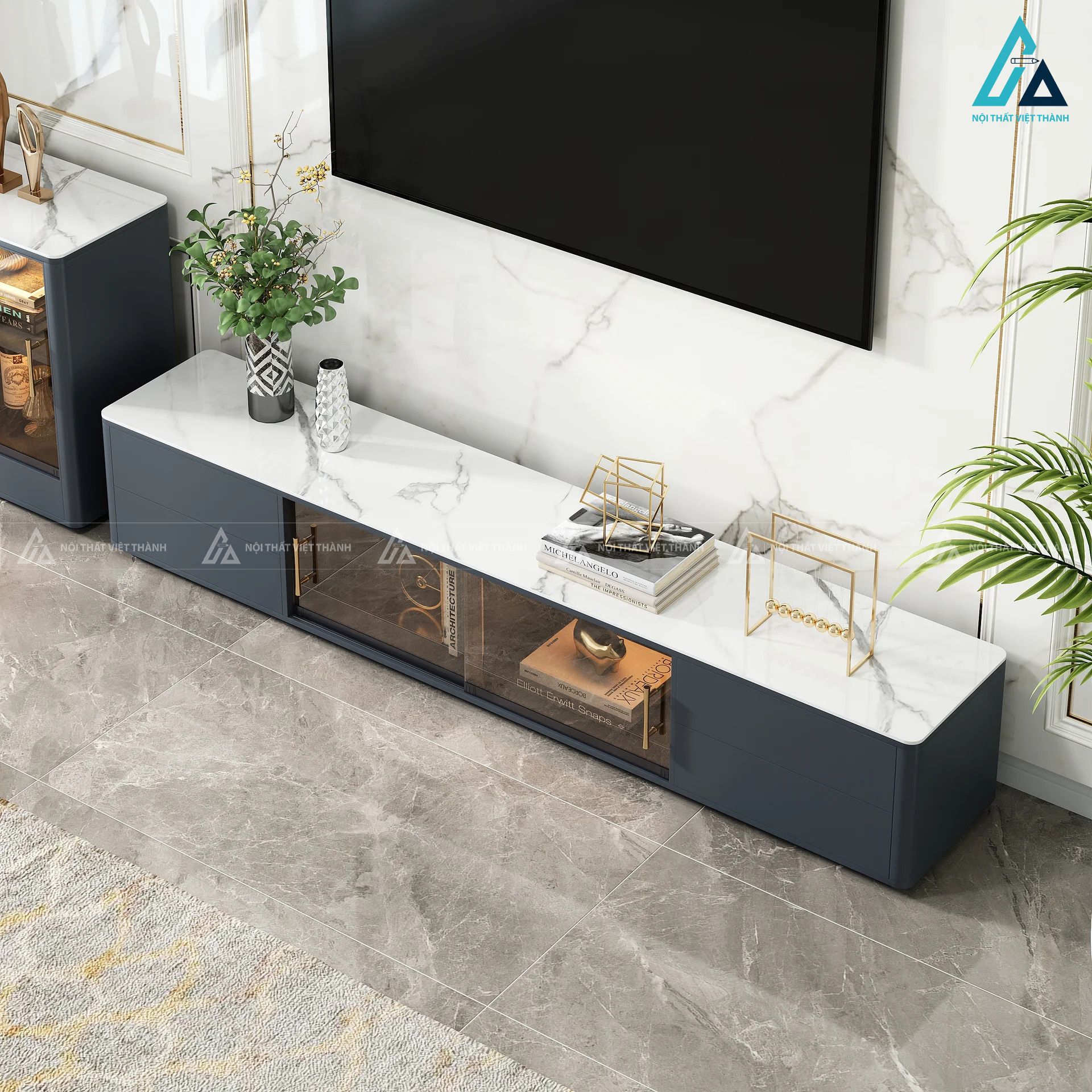 Kệ tivi gỗ mặt đá vân sang trọng kết hợp tủ kính tiện lợi 4