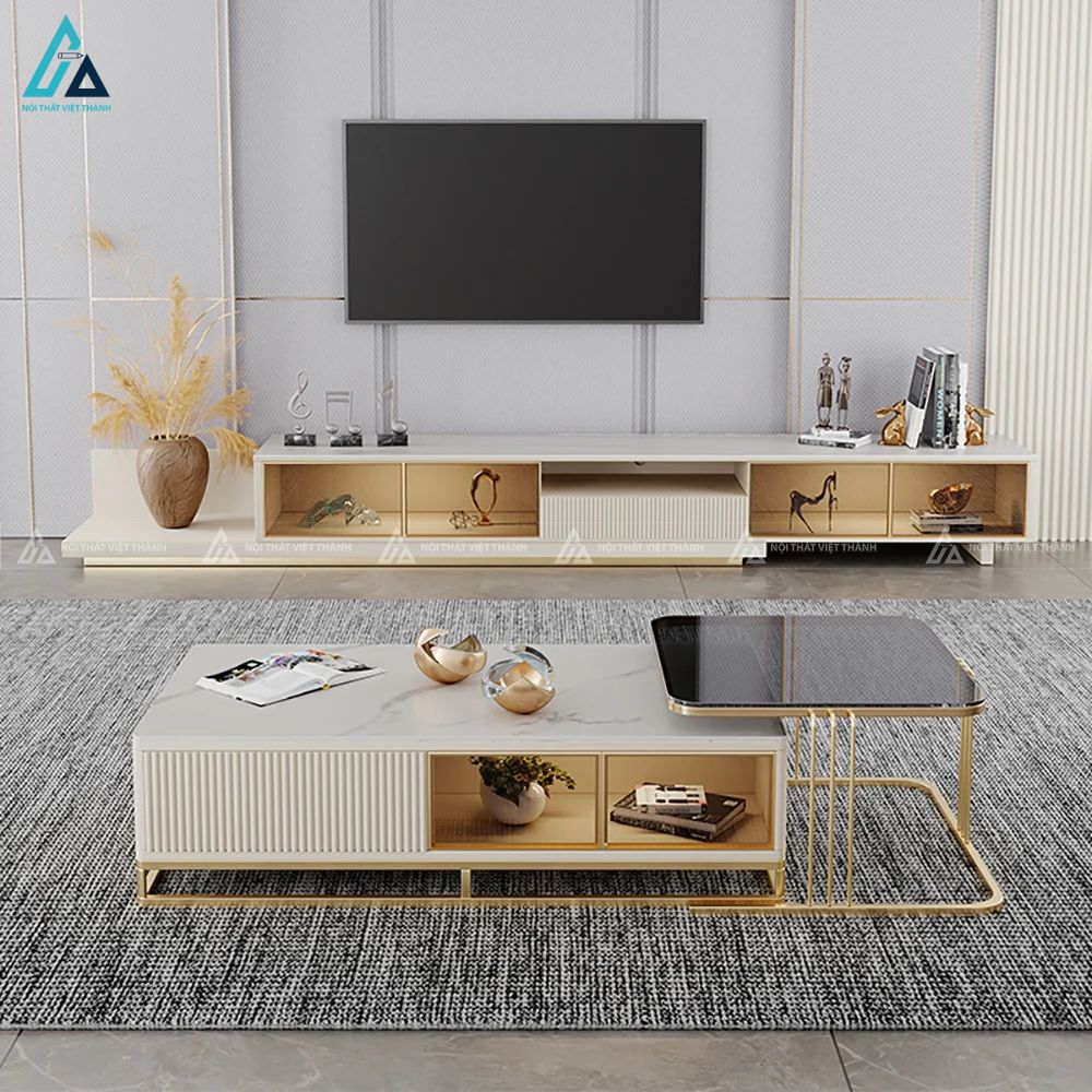 Kệ tivi gỗ công nghiệp thiết kế ngăn kính viền kim loại 3