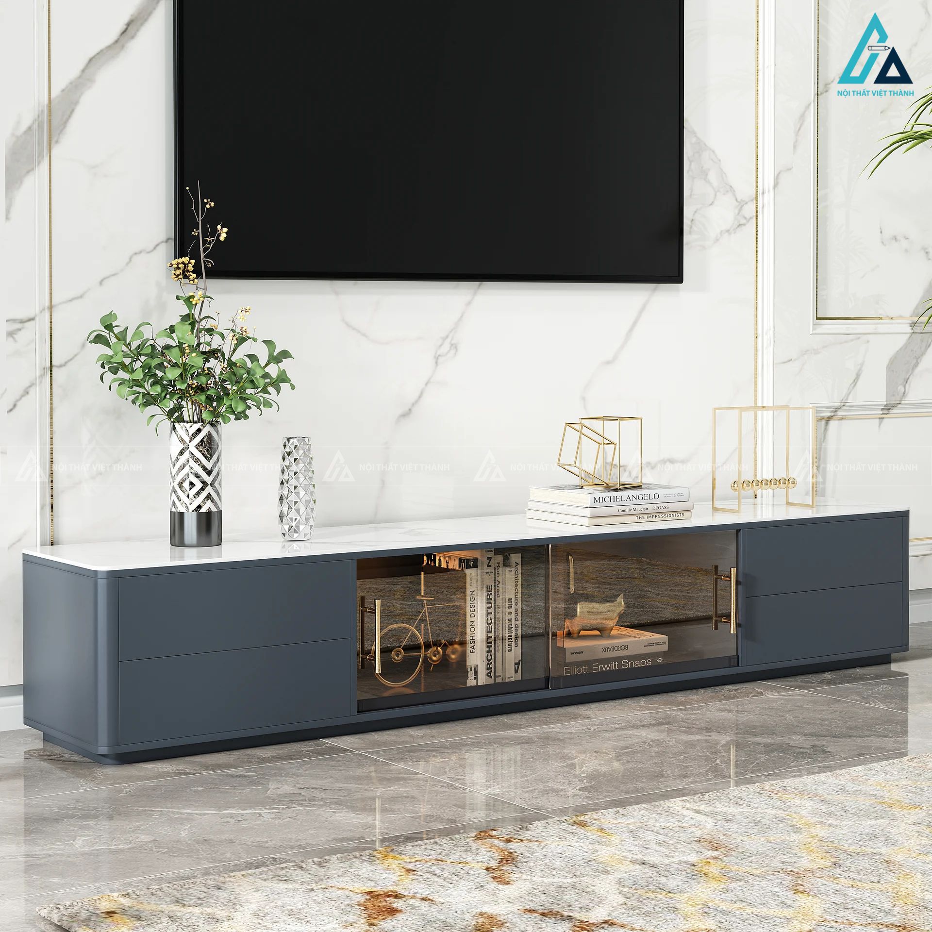 Kệ tivi gỗ mặt đá vân sang trọng kết hợp tủ kính tiện lợi