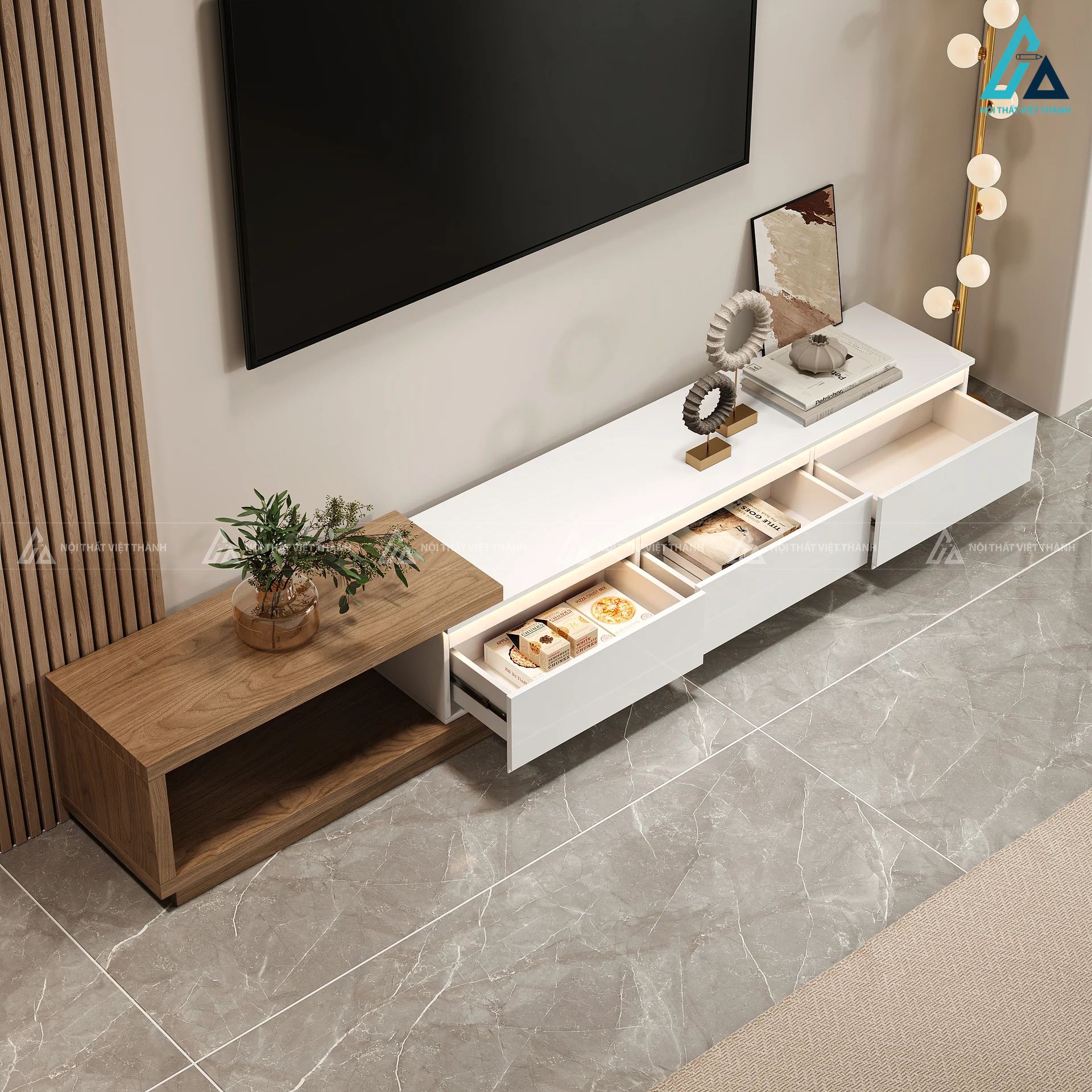 Kệ tivi gỗ công nghiệp hiện đại kết hợp ngăn kéo thông minh 4