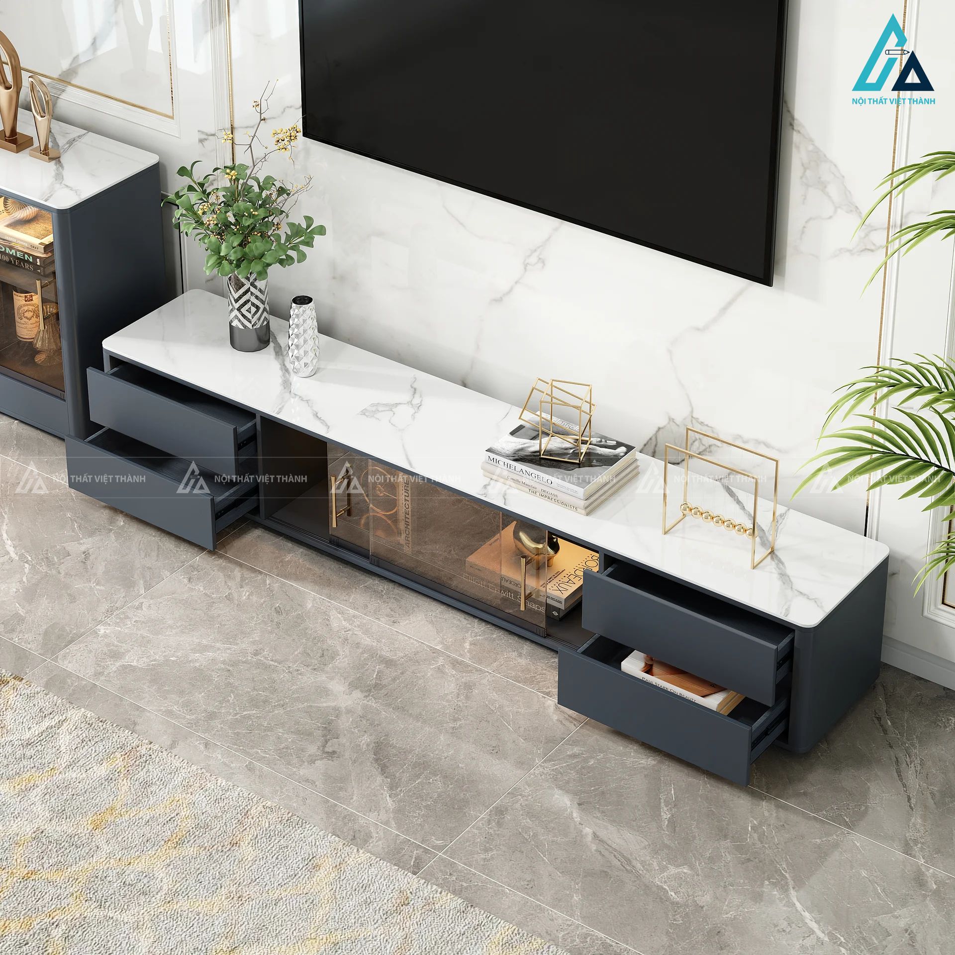 Kệ tivi gỗ mặt đá vân sang trọng kết hợp tủ kính tiện lợi 5