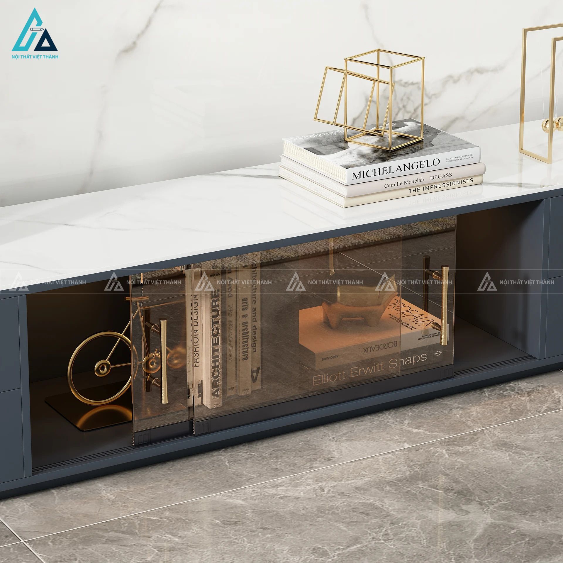 Kệ tivi gỗ mặt đá vân sang trọng kết hợp tủ kính tiện lợi 6