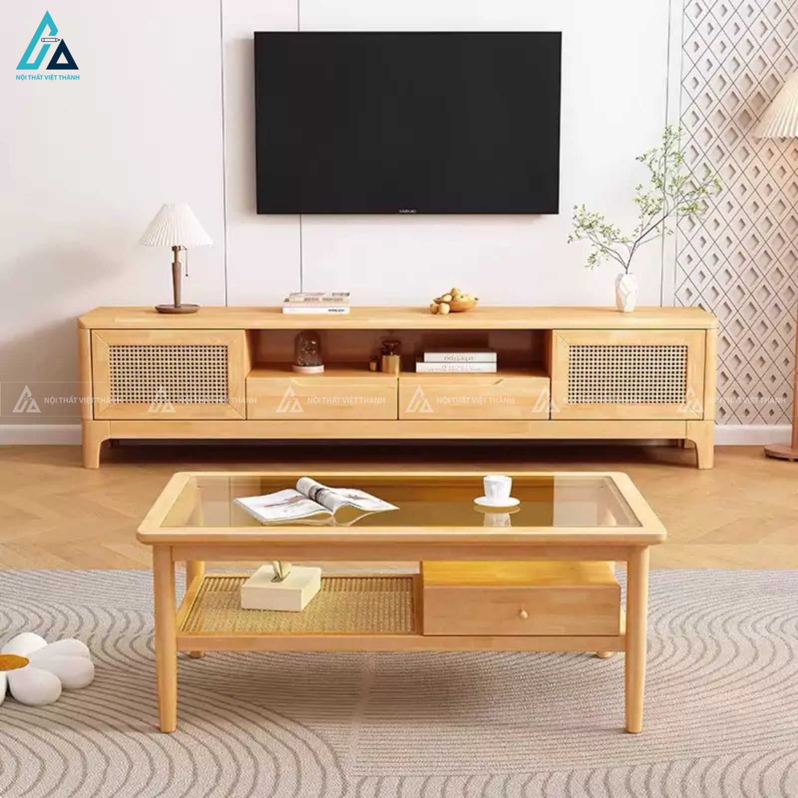 Kệ tivi gỗ tự nhiên kết hợp mây tre phong cách bắc âu sang trọng 1