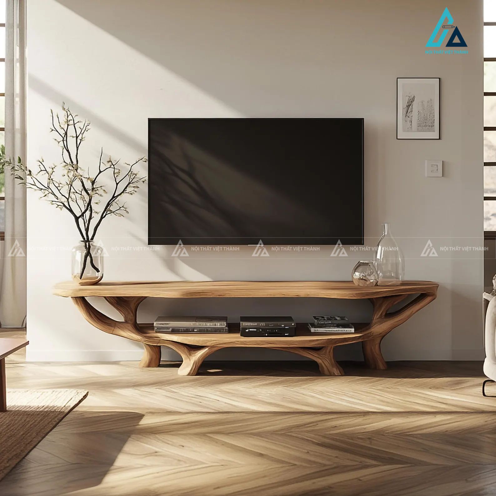 Kệ tivi gỗ tự nhiên thiết kế kiểu dáng chân cây nghệ thuật