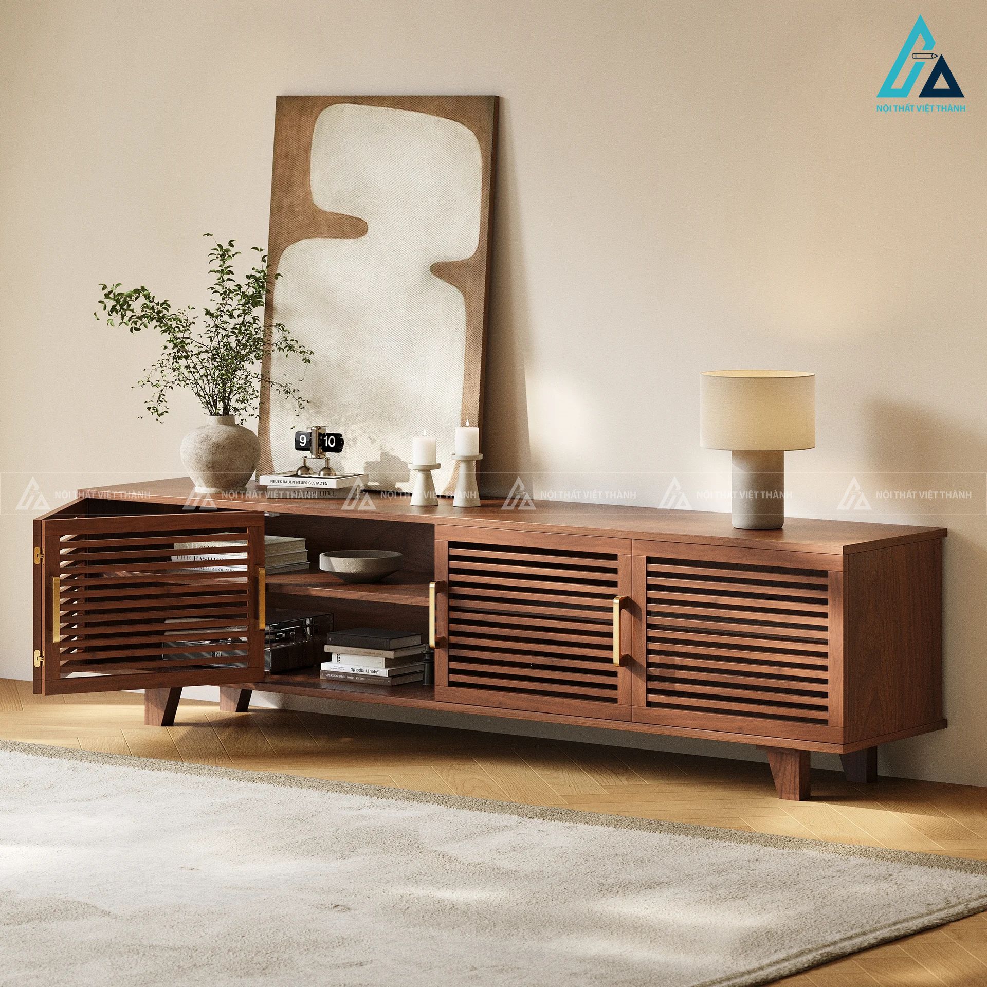 Kệ tivi gỗ tự nhiên cánh nan ngang tích hợp đèn led hiện đại 1
