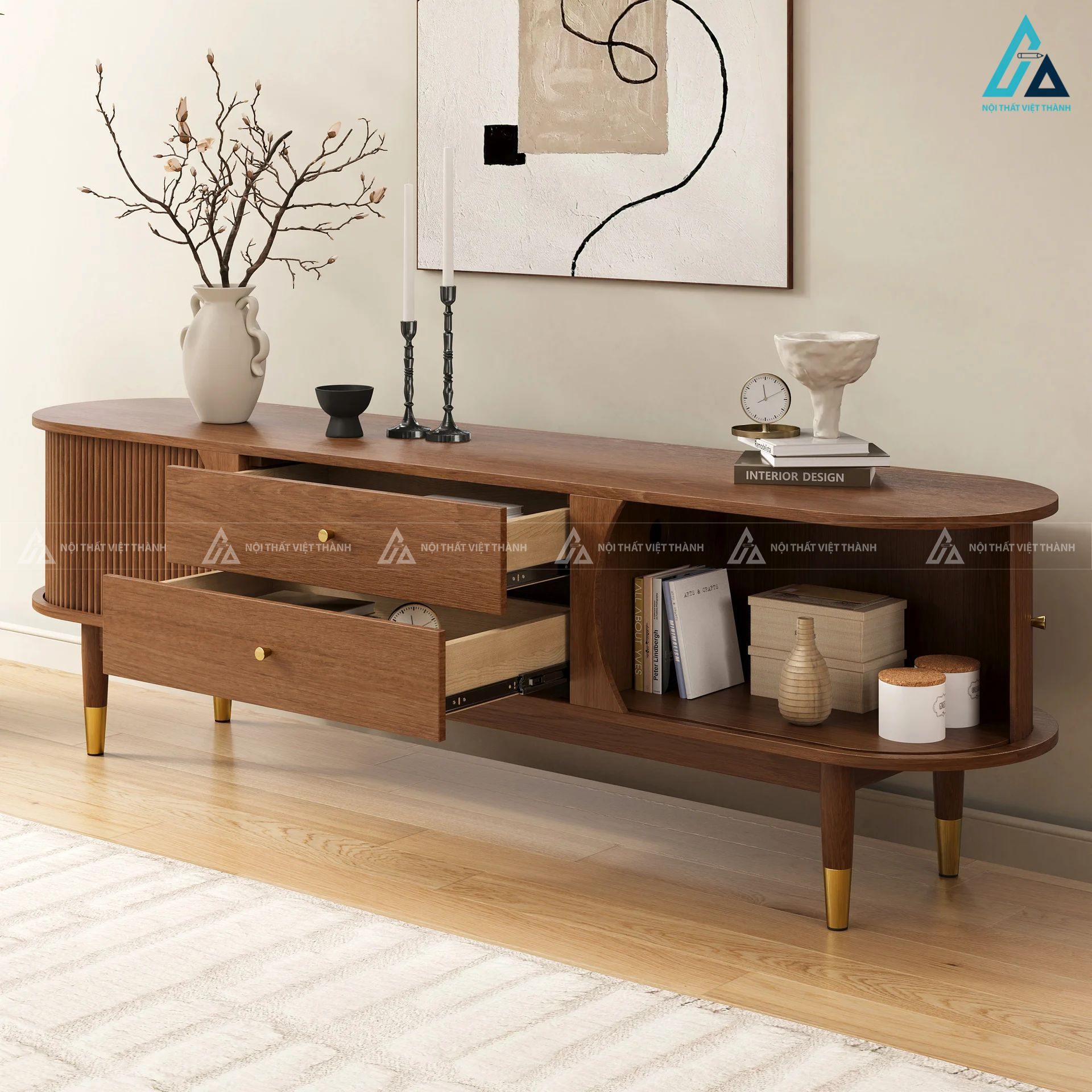 Kệ tivi gỗ tự nhiên thiết kế bo cong hiện đại sang trọng 1