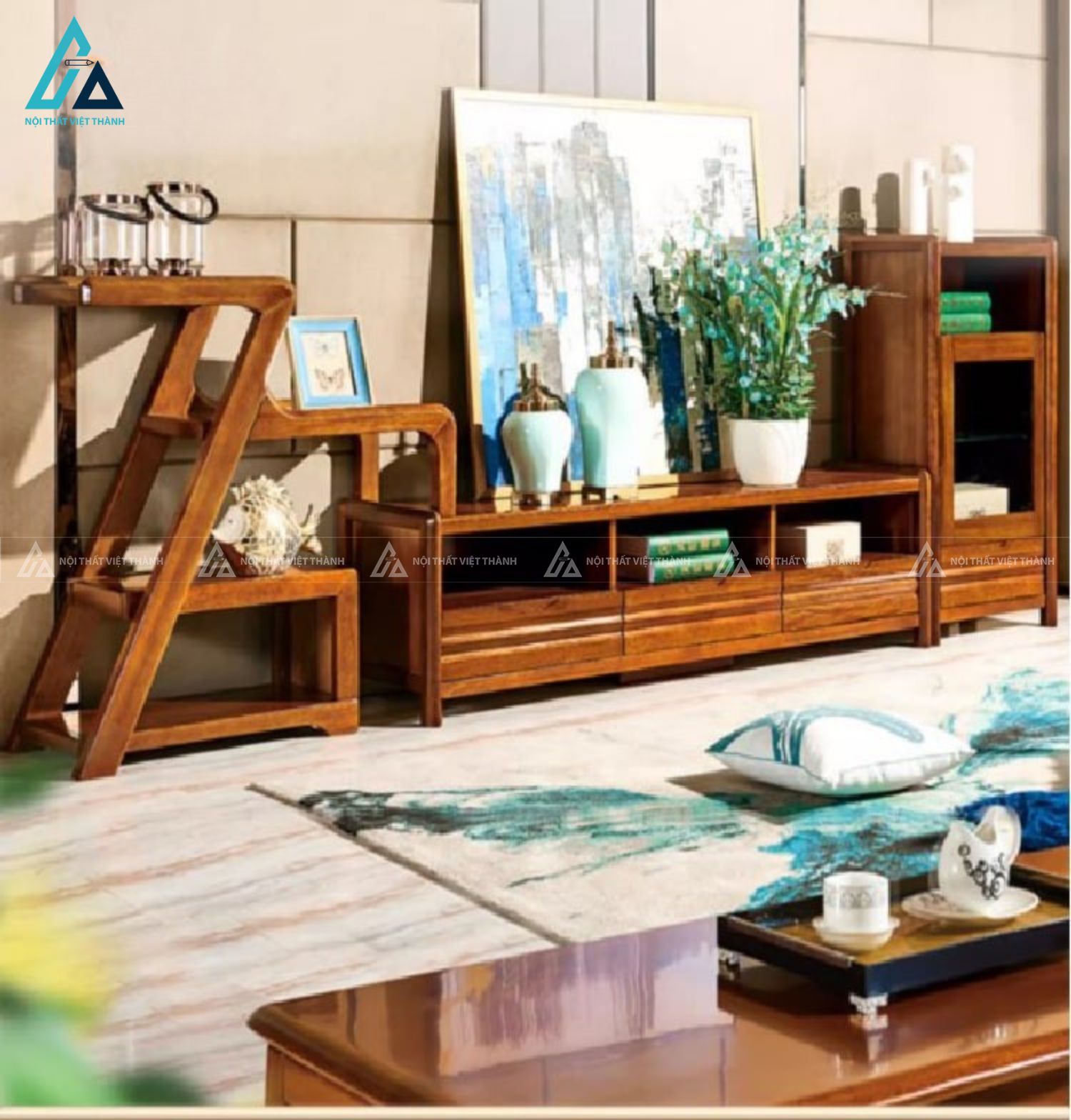 Bộ kệ tivi gỗ tự nhiên kết hợp tủ trang trí sang trọng 1