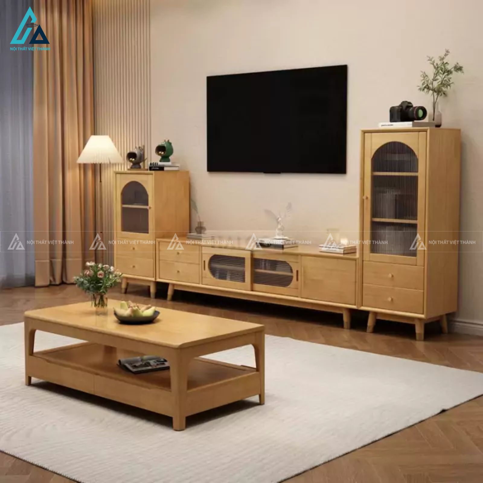 Bộ kệ tivi kết hợp tủ trang trí gỗ tự nhiên mây mắt cáo