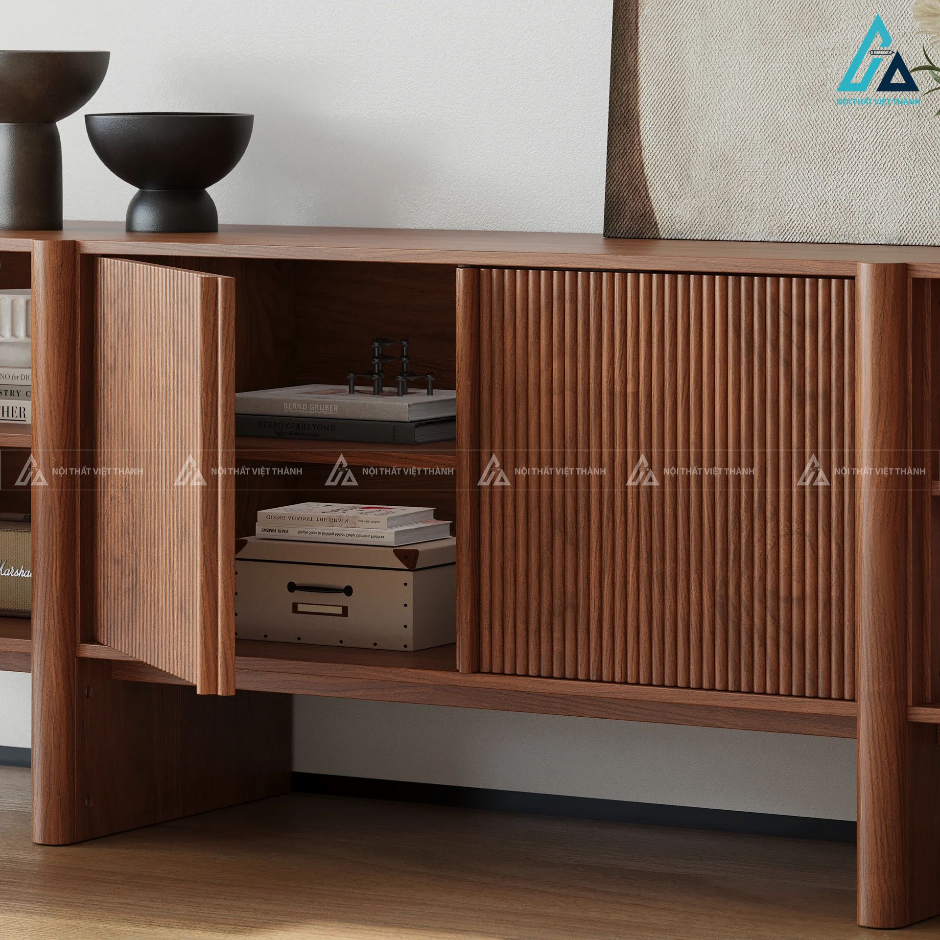 Kệ tivi gỗ tự nhiên thiết kế cánh nan dọc sang trọng đẳng cấp 1