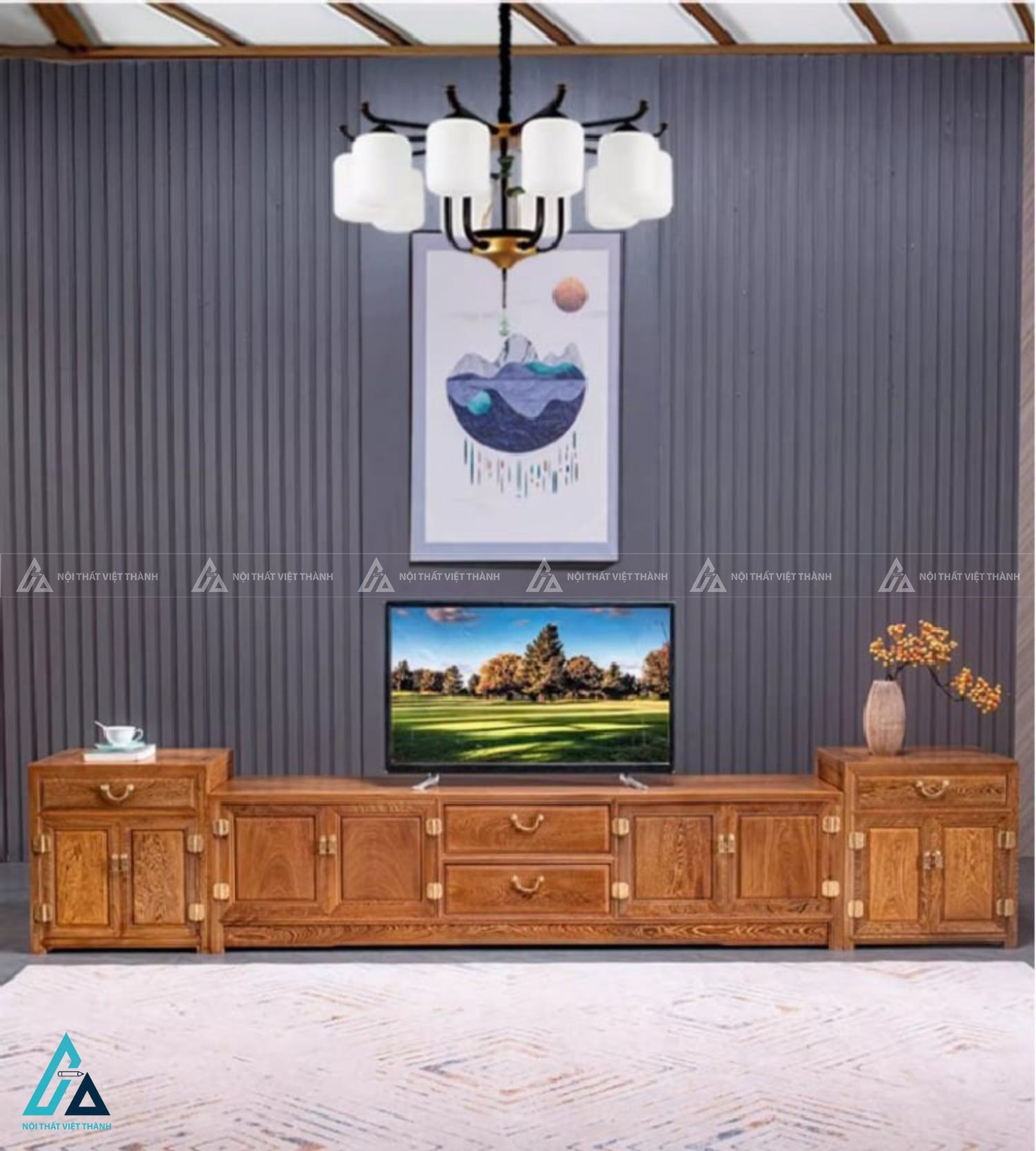 Bộ kệ tivi gỗ tự nhiên kết hợp tủ đứng sang trọng đẳng cấp 1