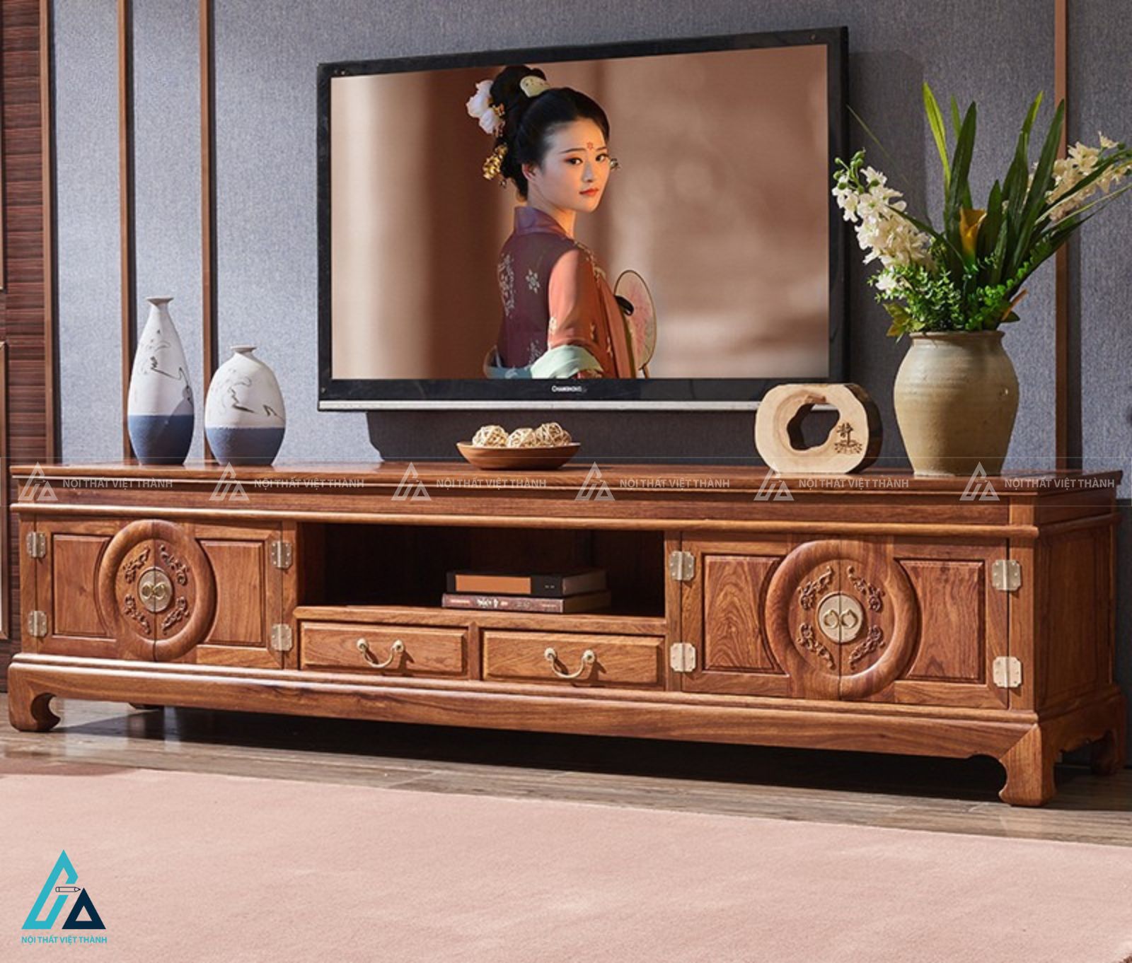 Kệ tivi gỗ tự nhiên giả cổ phong cách á đông độc đáo