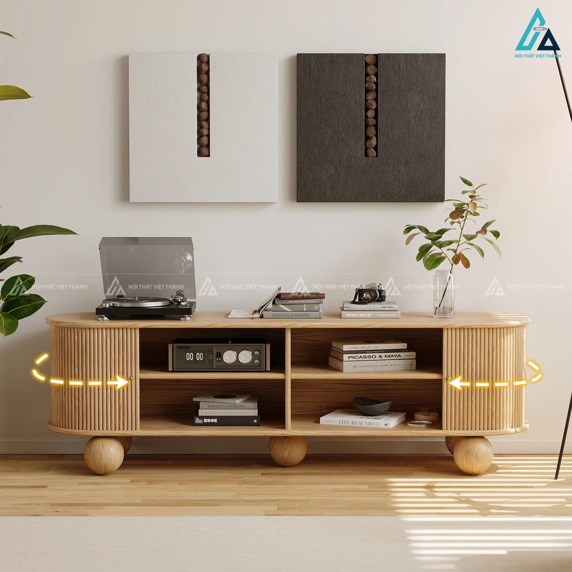 Kệ tivi gỗ tự nhiên chân tròn thiết kế bo cong độc đáo 1