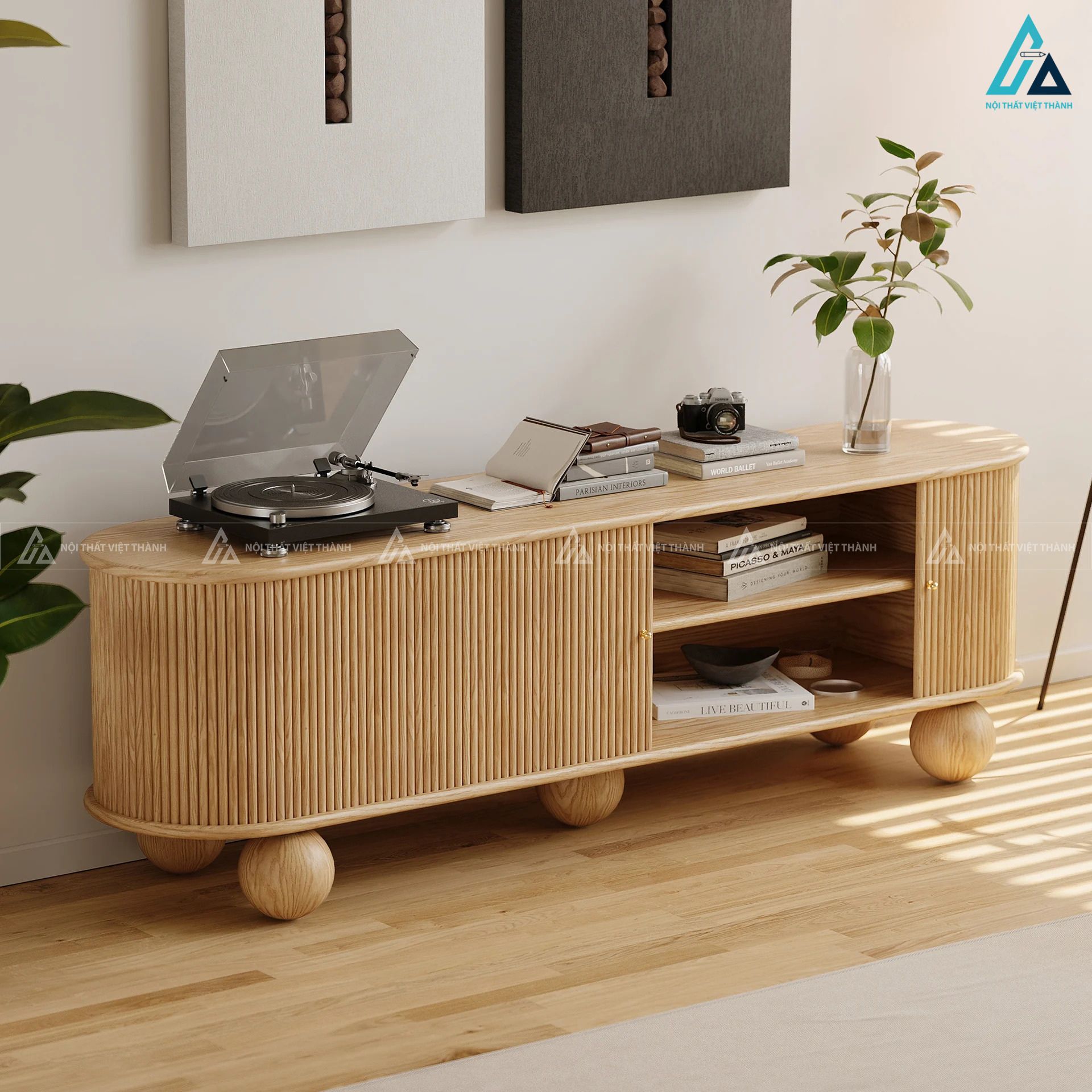 Kệ tivi gỗ tự nhiên chân tròn thiết kế bo cong độc đáo 2